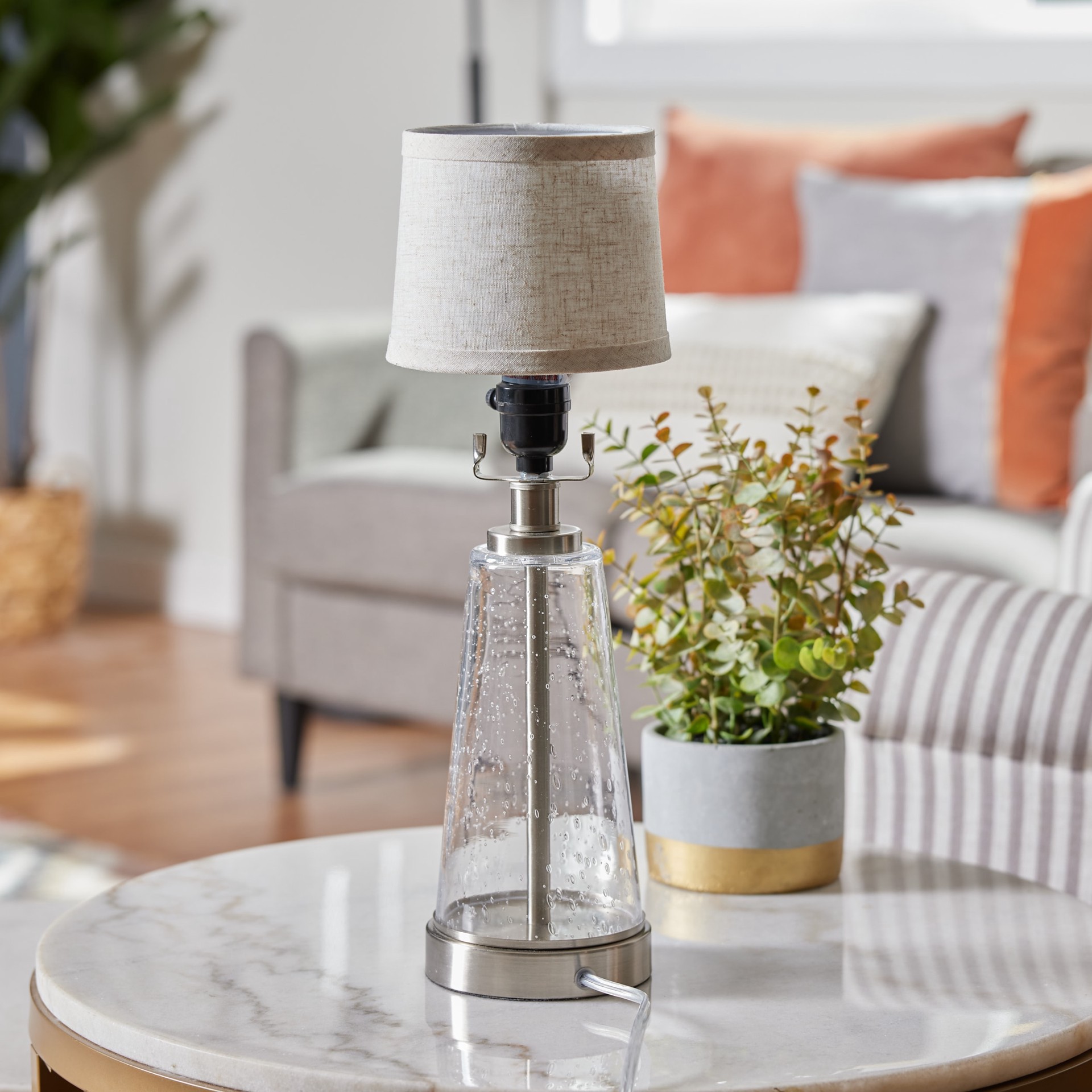 slide 5 of 6, allen + roth 4.5-in x 5.75-in Light gray Fabric Drum Lamp Shade, 1 ct