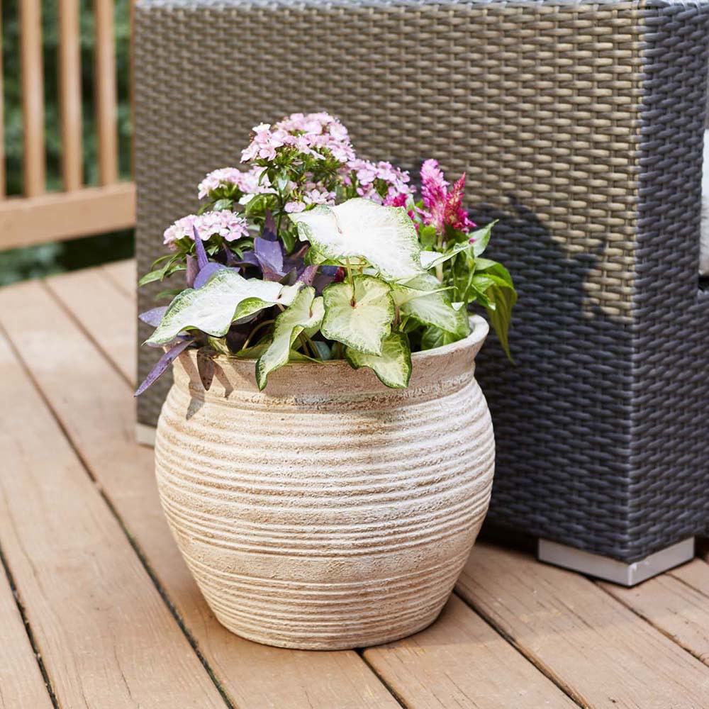 slide 6 of 6, allen + roth Round 13.0-in W x 13.0-in L Off-white Mixed/Composite Indoor/Outdoor Planter, 1 ct