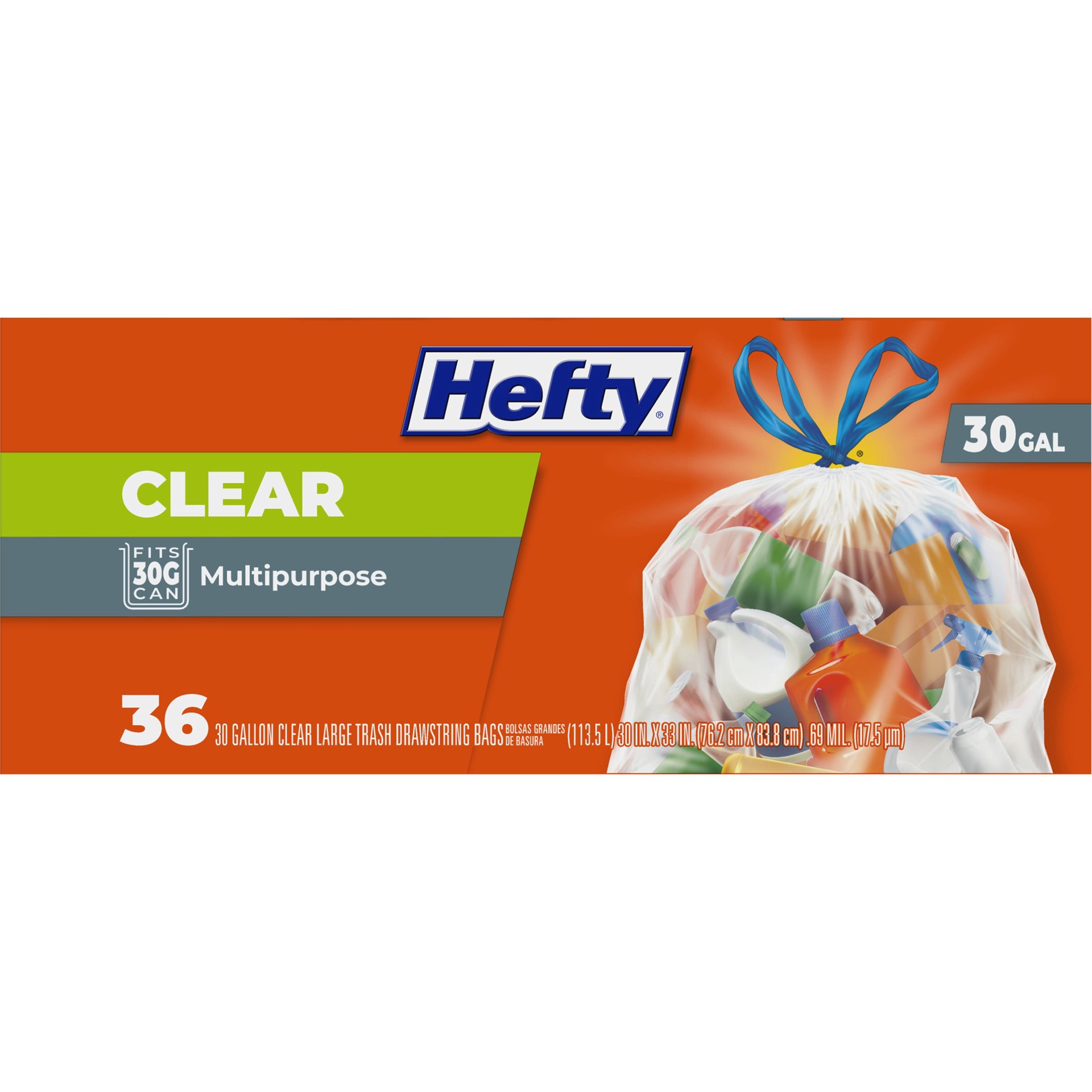 slide 2 of 4, Hefty 30-Gallon Clear Outdoor Plastic Can Drawstring Trash Bag 36 -Count, 1 ct