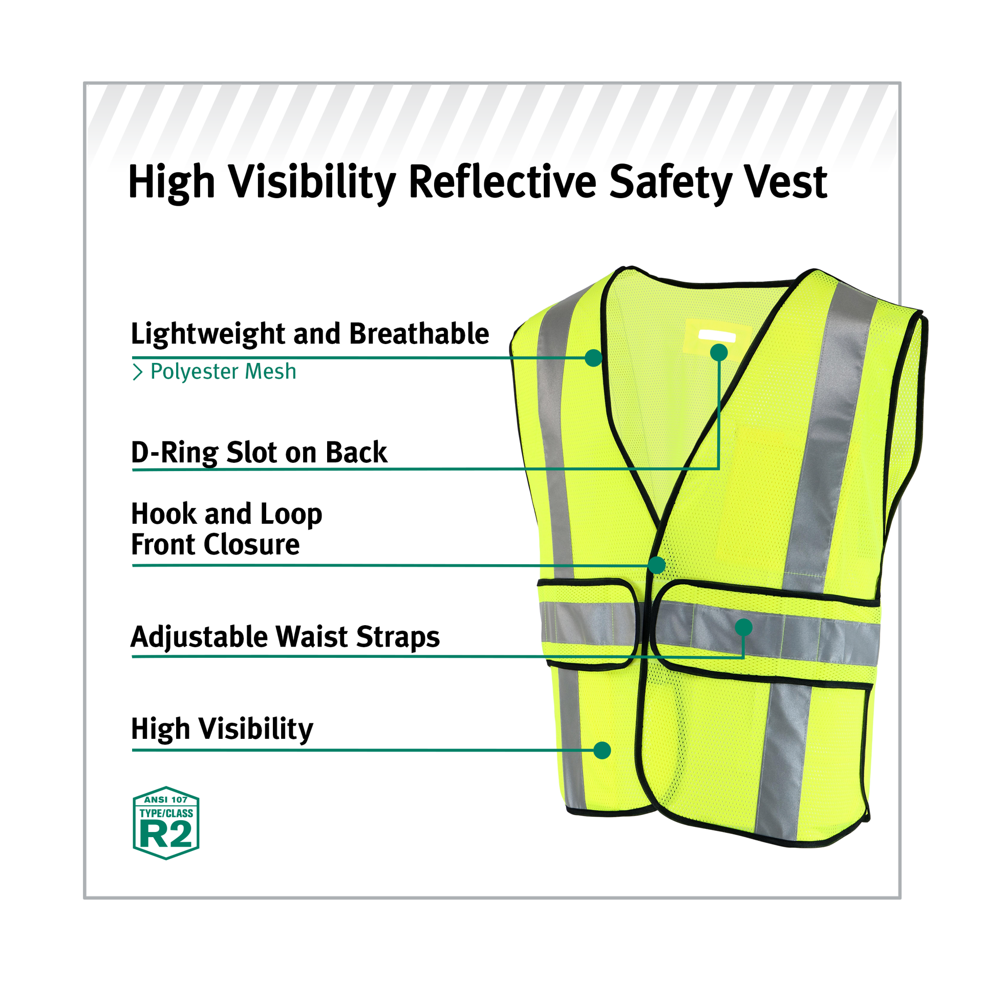 slide 6 of 6, Safety Works Yellow Polyester High Visibility Reflective Safety Vest, 1 ct