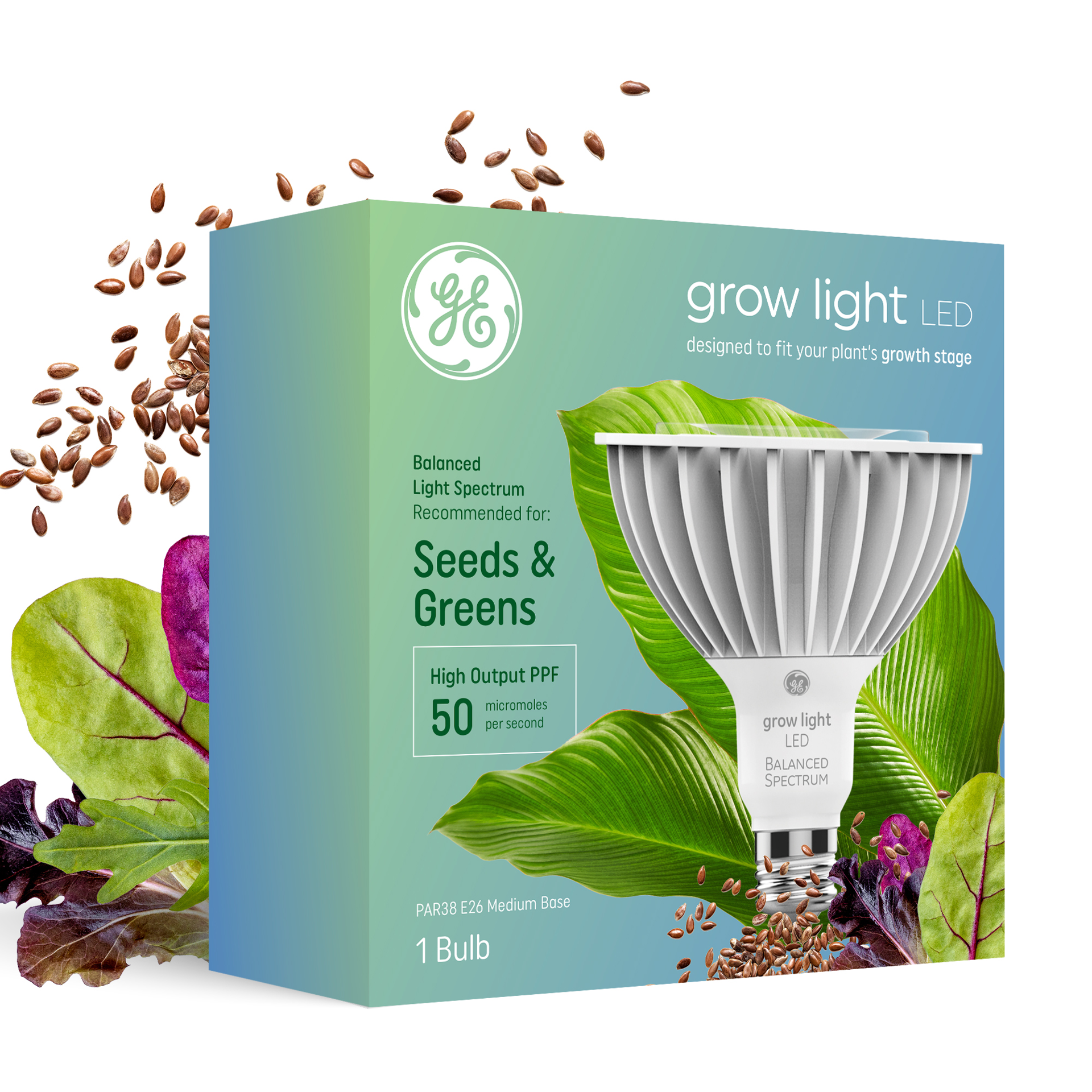 slide 1 of 6, GE Grow Seeds Greens 250 -Watt EQ PAR38 Balanced spectrum Medium base (E-26) LED Grow Light Bulb, 1 ct