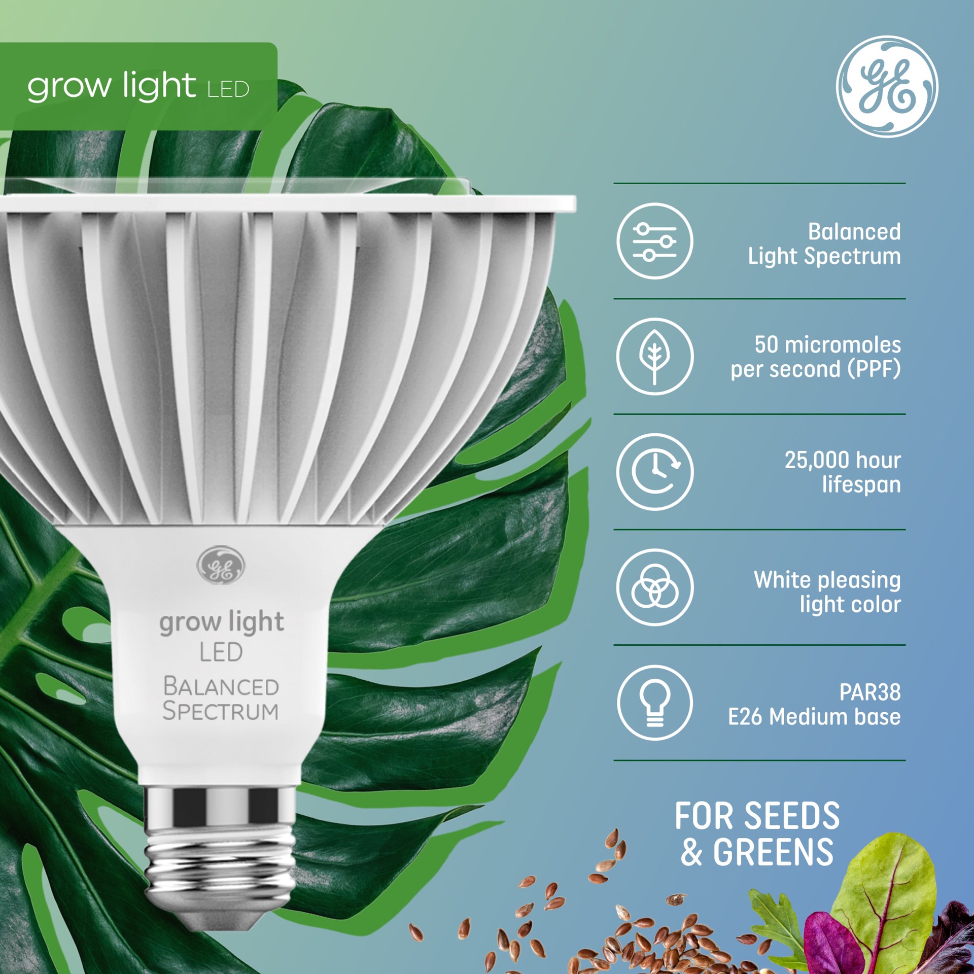slide 3 of 6, GE Grow Seeds Greens 250 -Watt EQ PAR38 Balanced spectrum Medium base (E-26) LED Grow Light Bulb, 1 ct