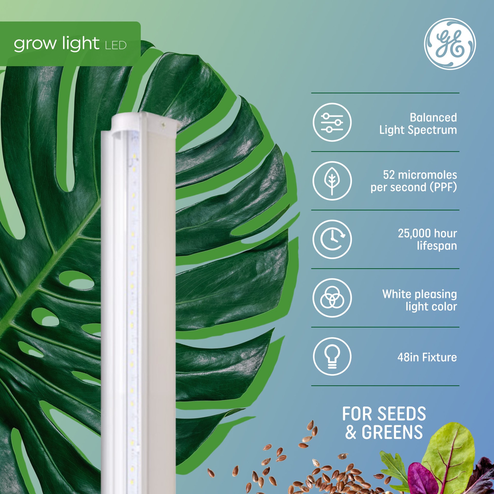 slide 3 of 6, GE 48.0-in 1 -Light White Balanced spectrum LED Grow light kit, 1 ct