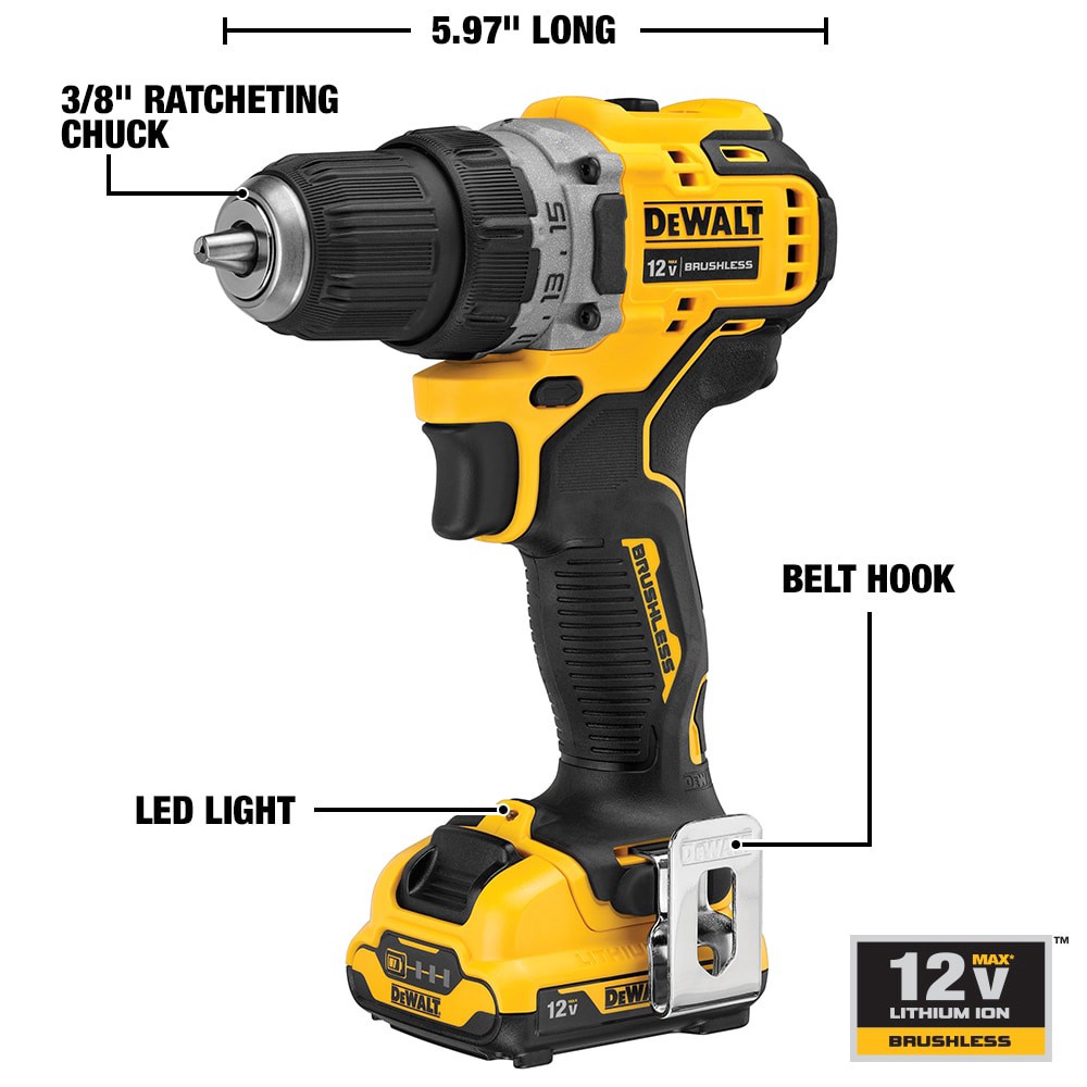 slide 4 of 6, DEWALT XTREME 12-volt Max 3/8-in Keyless Brushless Cordless Drill ( 2 -Batteries Included, and Charger Included ), 1 ct