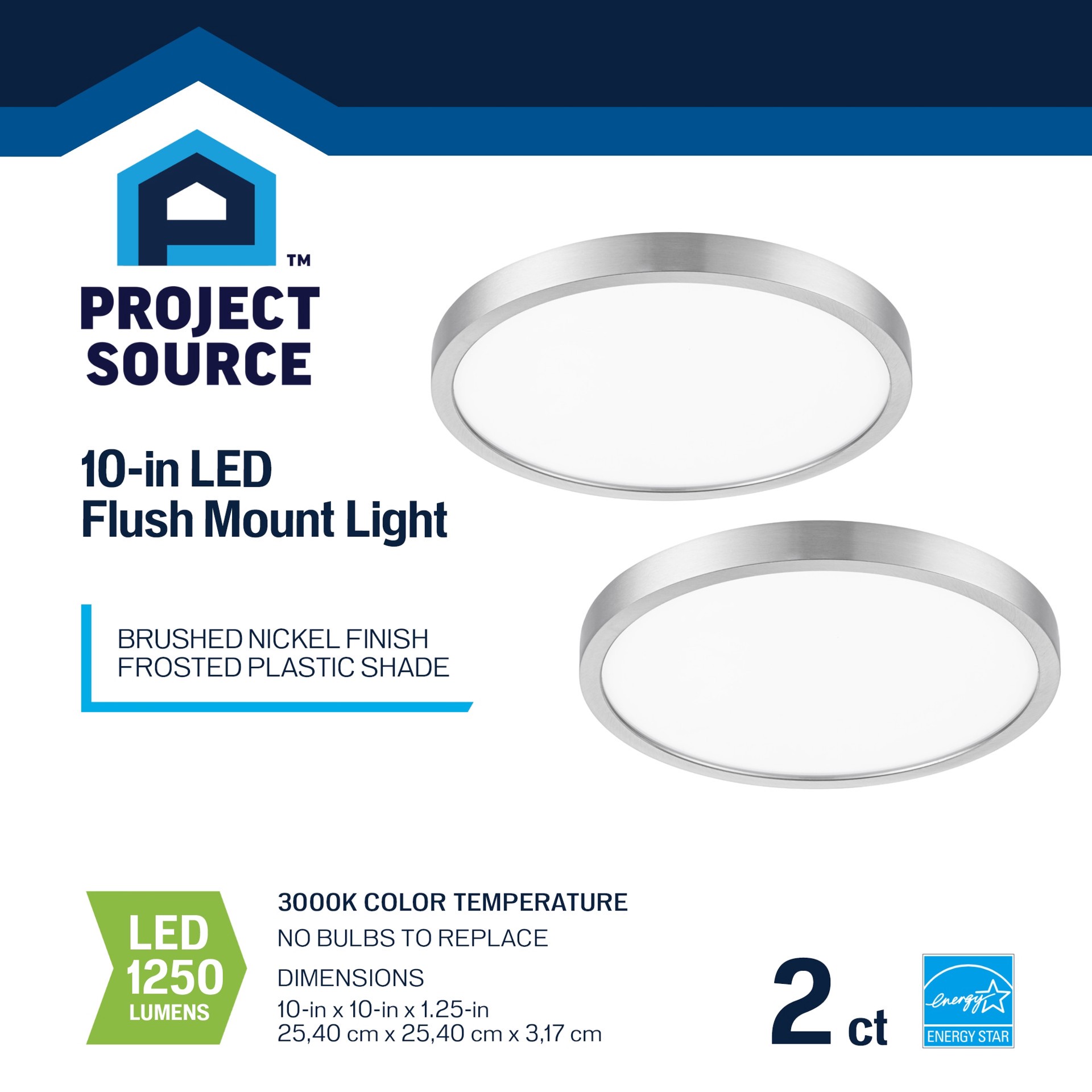slide 2 of 6, Project Source 1 -Light 10-in Brushed Nickel Integrated LED Flush Mount Light 2 -Pack, 1 ct