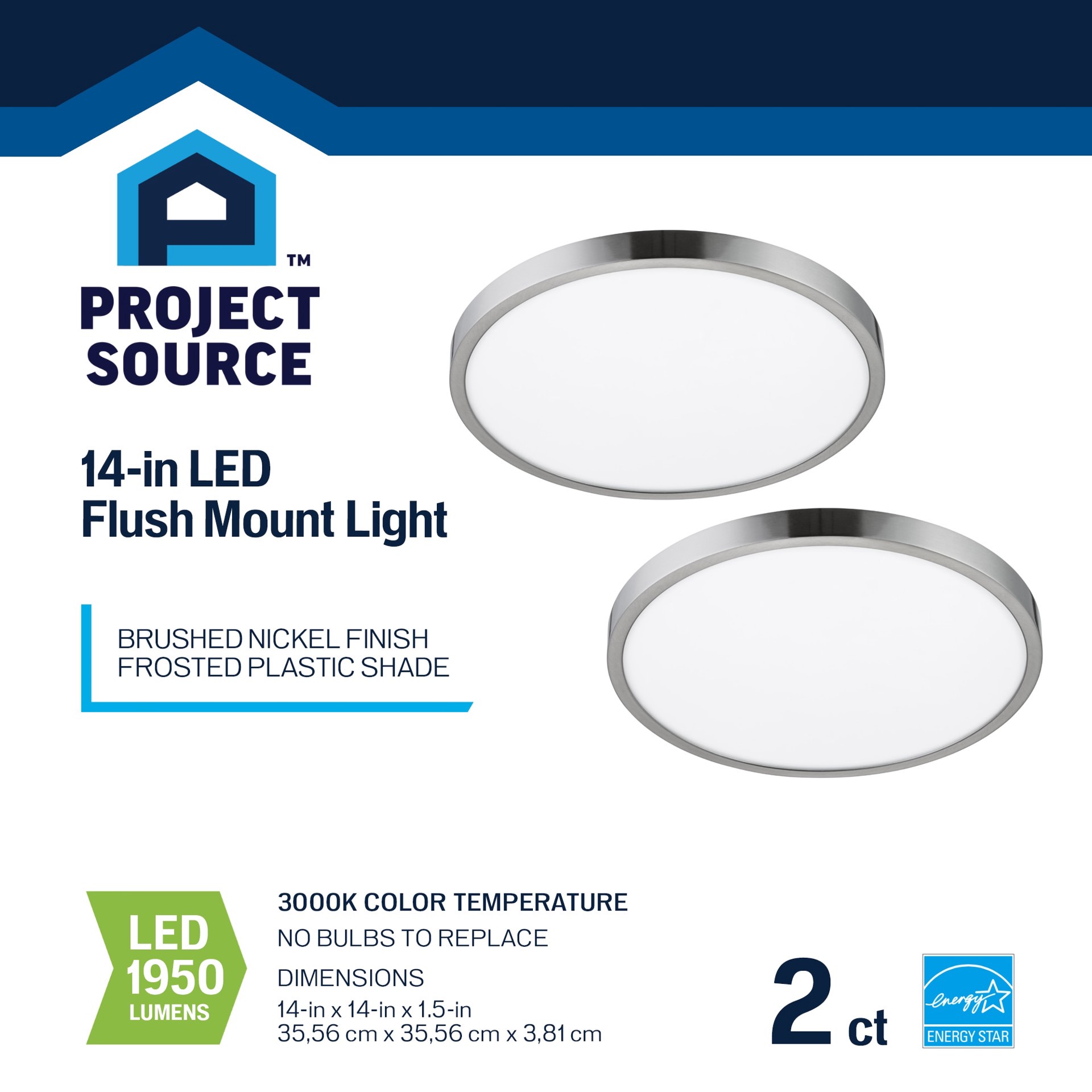 slide 3 of 6, Project Source 1 -Light 14-in Brushed Nickel Integrated LED Flush Mount Light 2 -Pack, 1 ct