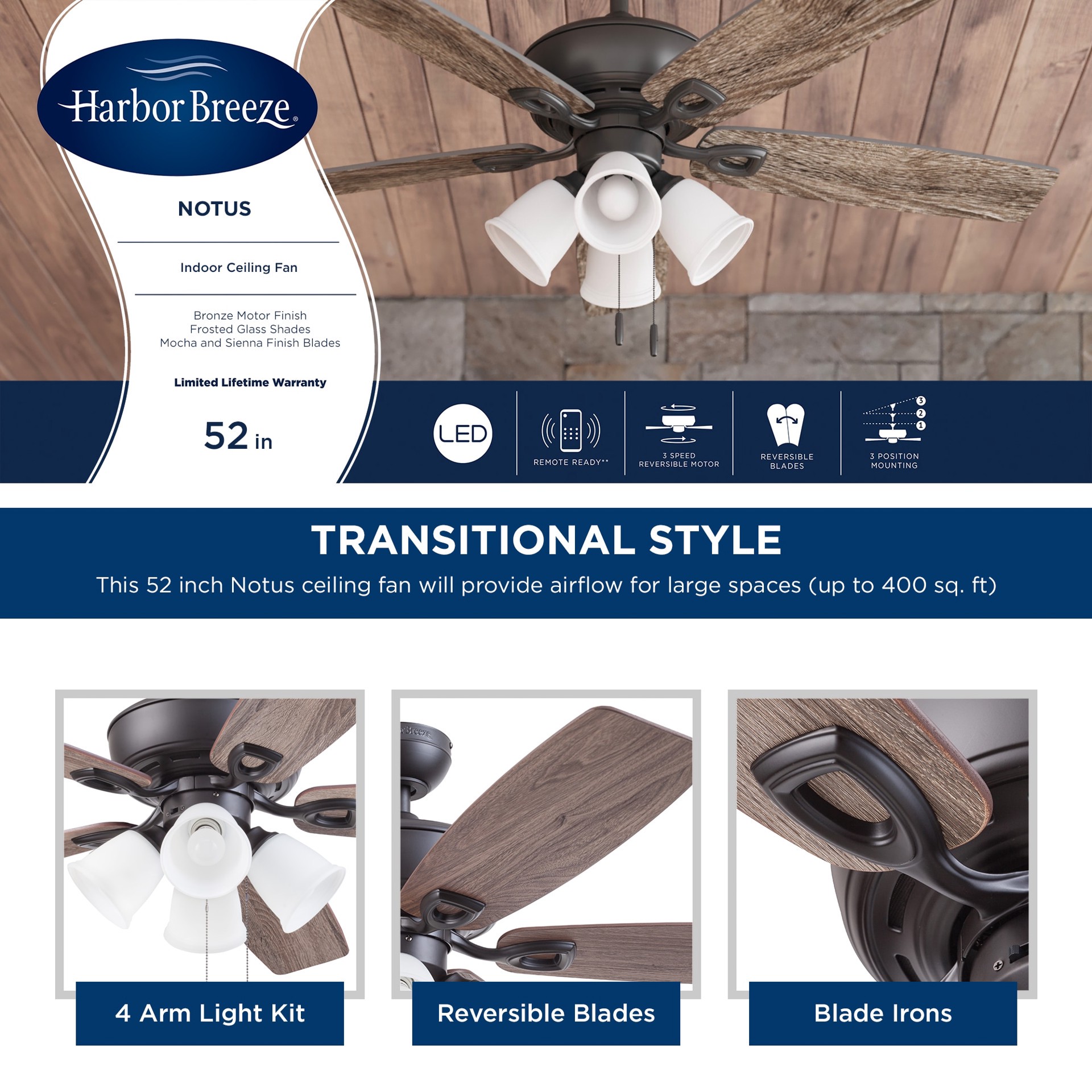 slide 5 of 6, Harbor Breeze Notus 52-in Bronze with Mocha/Sienna Blades Ceiling Fan With Light 5 -Blade, 1 ct