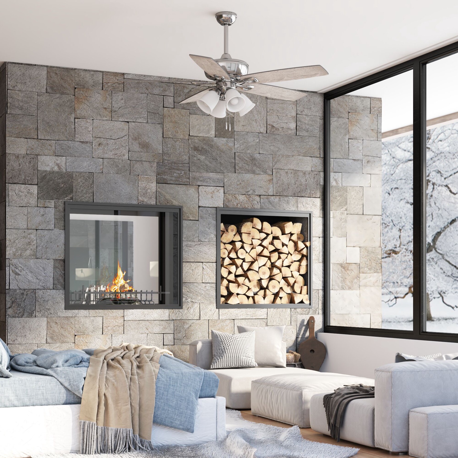 slide 4 of 6, Harbor Breeze Notus 52-in Brushed Nickel with Driftwood/Sienna Blades Ceiling Fan With Light 5 -Blade, 1 ct