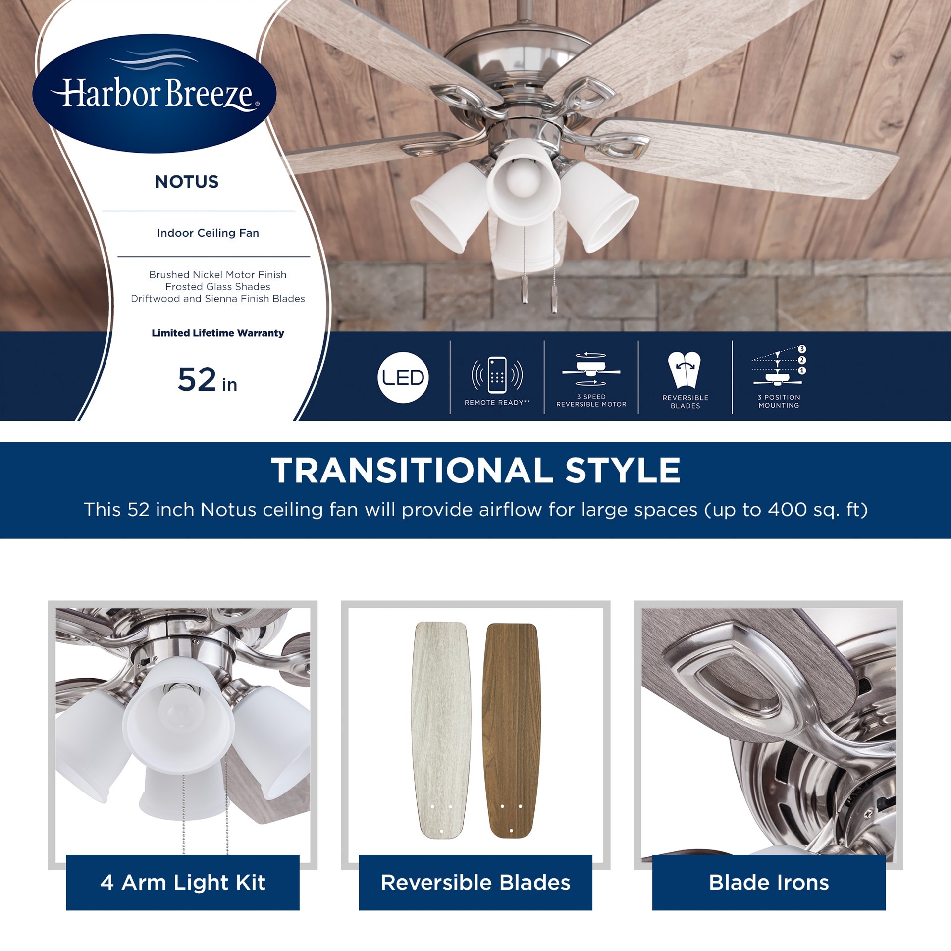slide 5 of 6, Harbor Breeze Notus 52-in Brushed Nickel with Driftwood/Sienna Blades Ceiling Fan With Light 5 -Blade, 1 ct