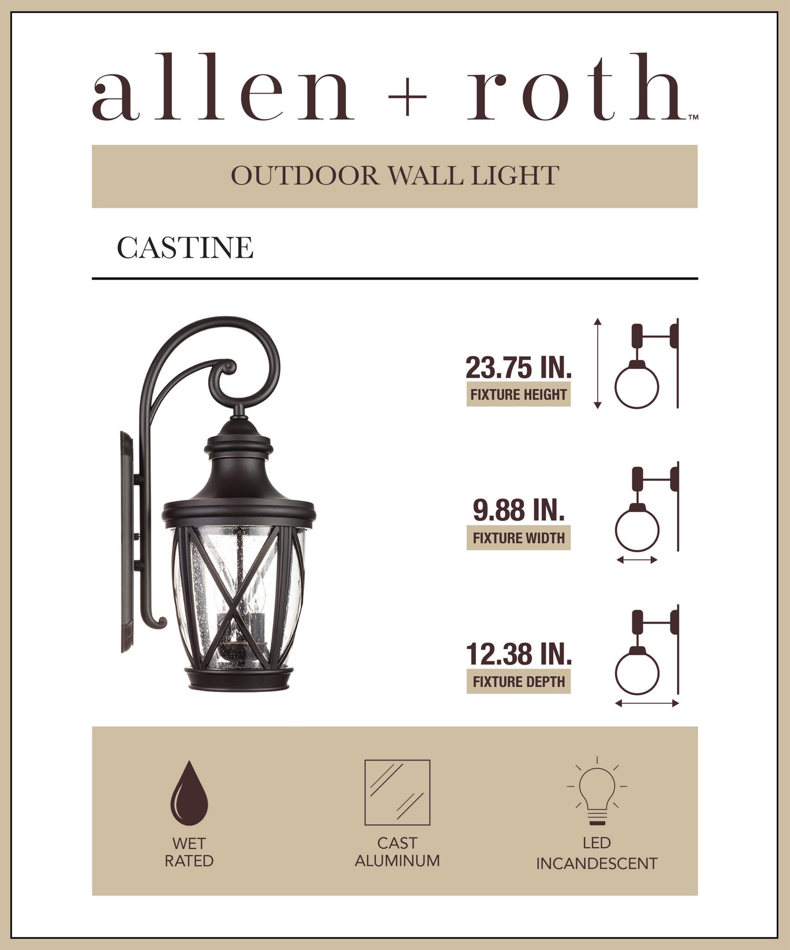 slide 6 of 6, allen + roth Castine 3 -Light 23.75-in H Oil-rubbed Bronze Hardwired Outdoor Wall Light, 1 ct