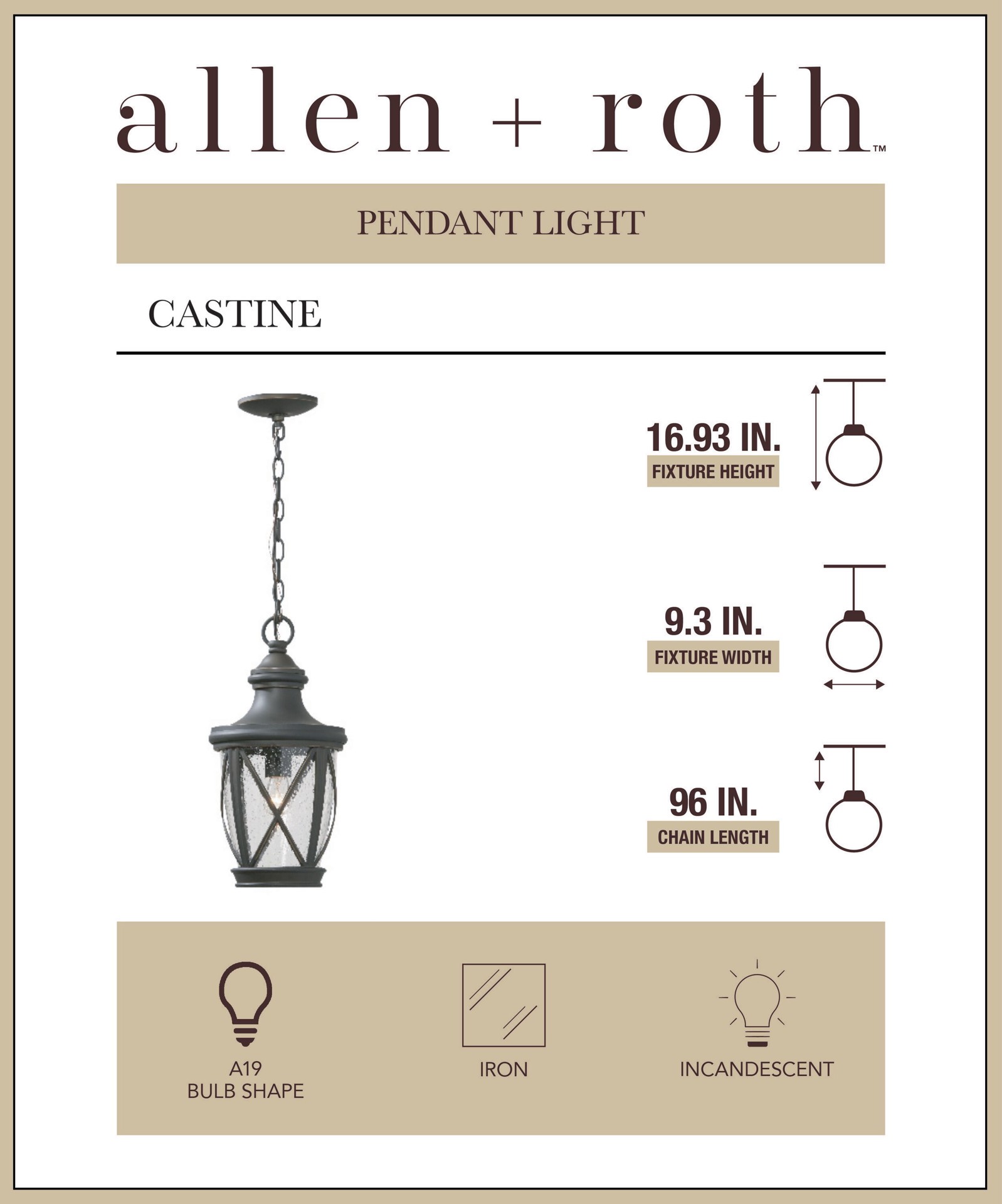 slide 6 of 6, allen + roth Castine 1 -Light Bronze Craftsman Seeded glass Lantern Medium Outdoor Hanging Pendant light, 1 ct