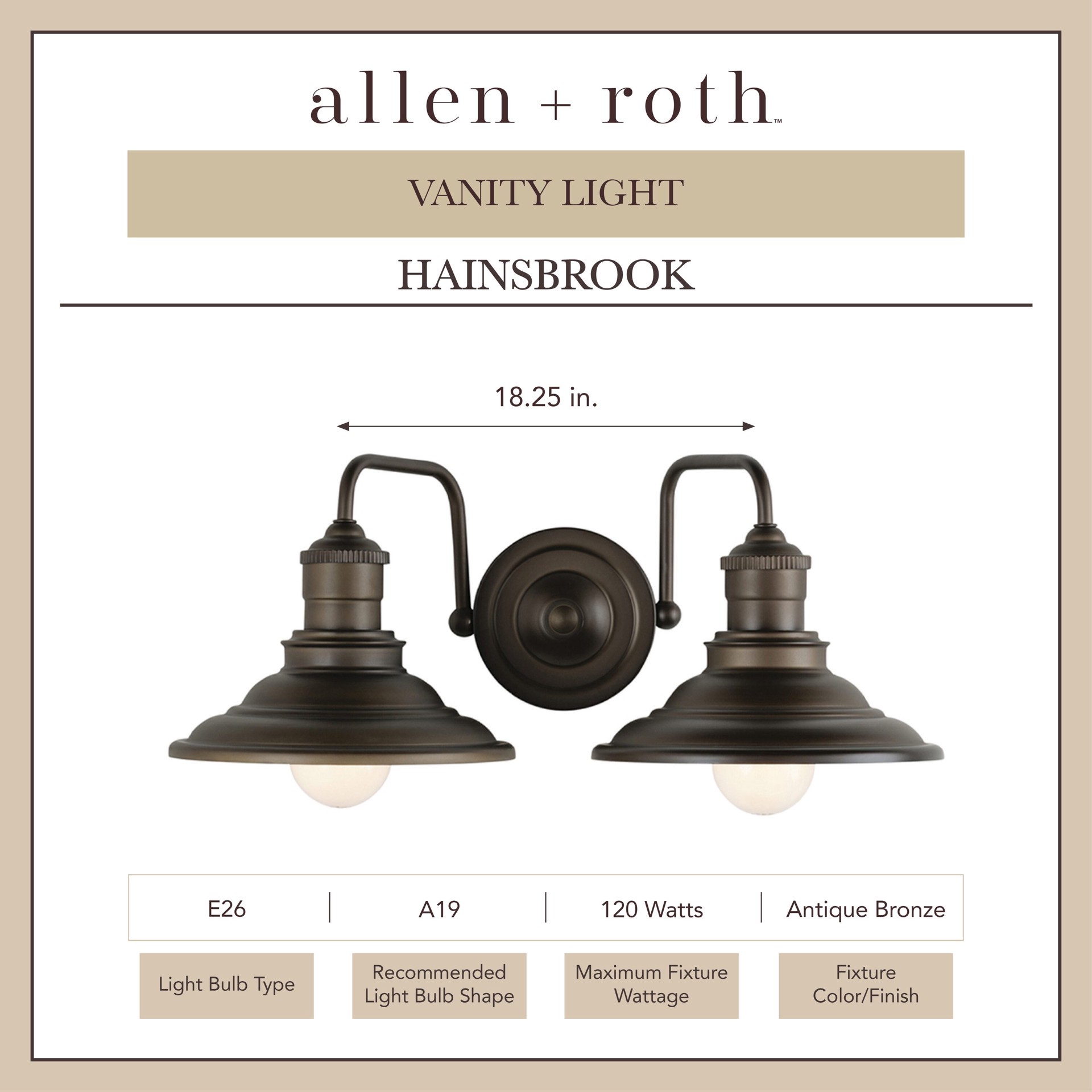 slide 4 of 6, allen + roth Hainsbrook 18.25-in 2 -Light Antique Bronze Coastal Vanity light, 1 ct