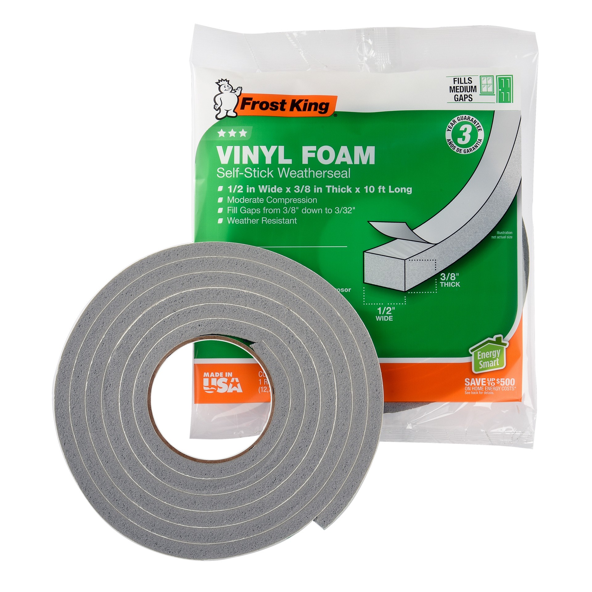 slide 3 of 6, Frost King 10-ft x 1/2-in x 3/8-in Grey Vinyl/Foam Door Weatherstrip, 1 ct