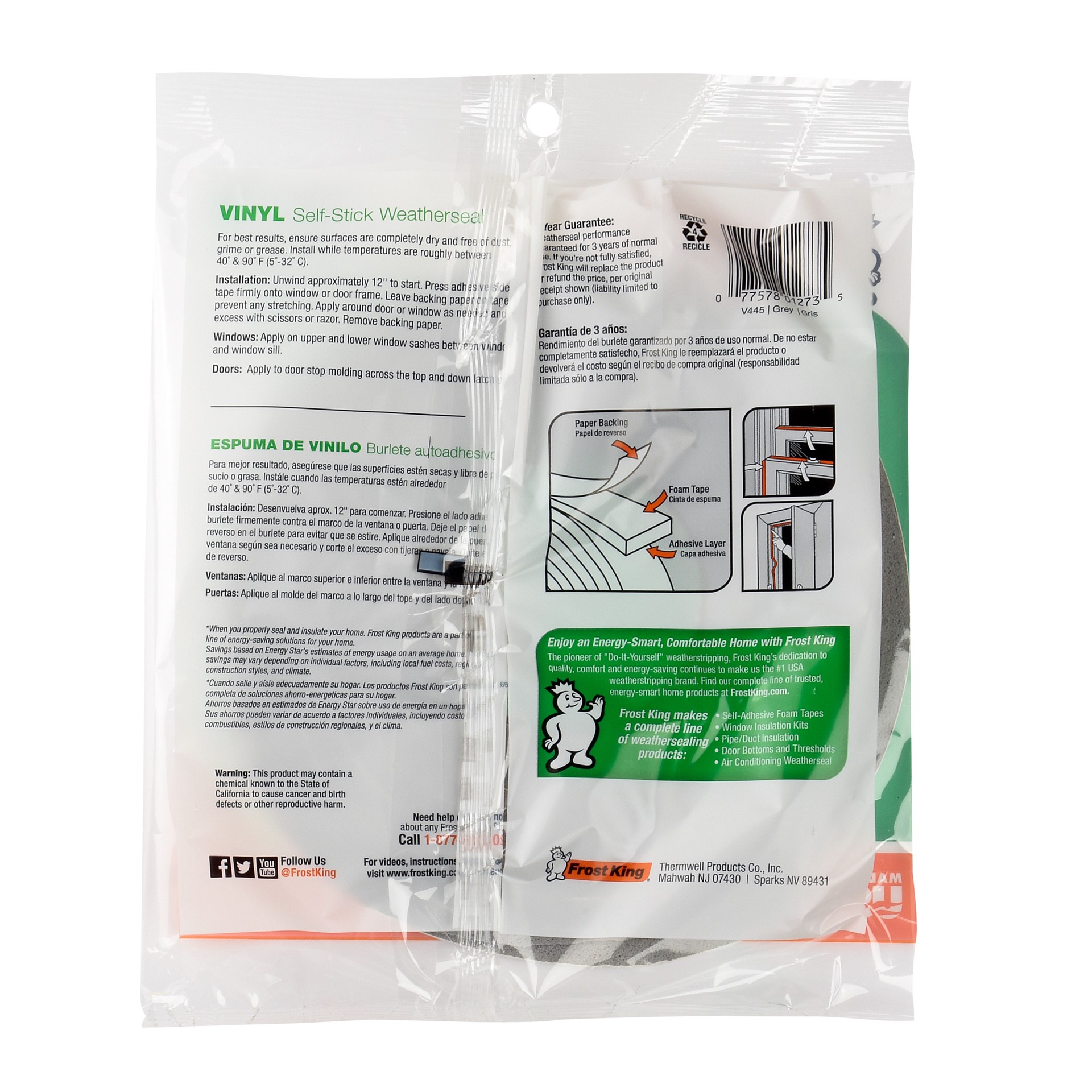 slide 4 of 6, Frost King 10-ft x 1/2-in x 3/8-in Grey Vinyl/Foam Door Weatherstrip, 1 ct