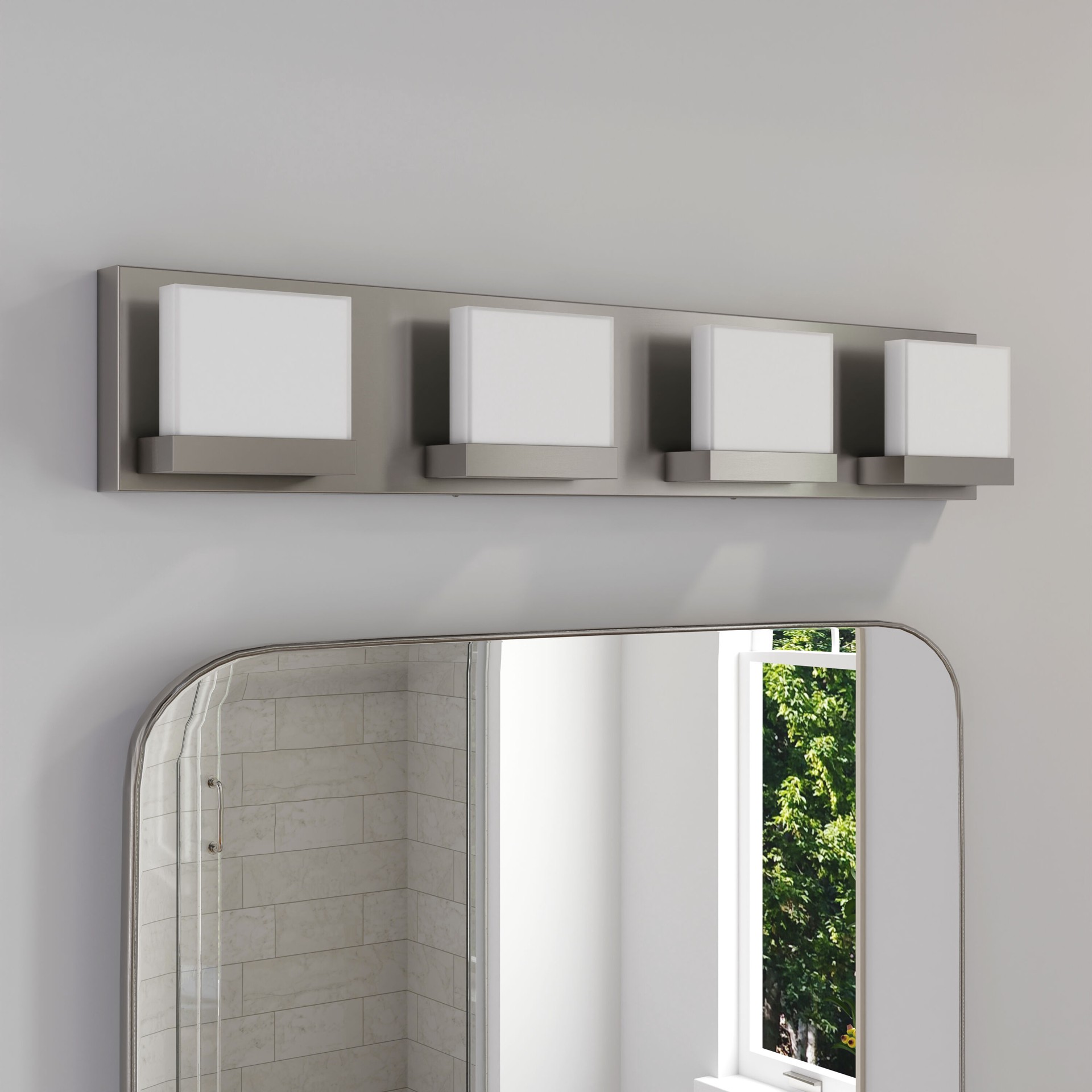 slide 1 of 6, allen + roth Cora 26-in 4 -Light Brushed Nickel Integrated LED Modern/contemporary Vanity light bar, 1 ct