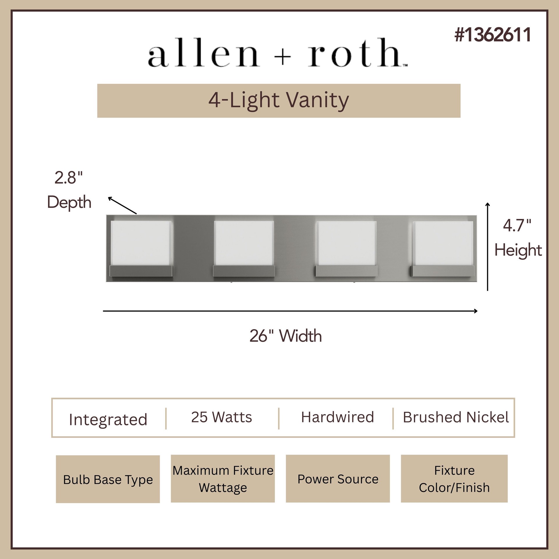 slide 4 of 6, allen + roth Cora 26-in 4 -Light Brushed Nickel Integrated LED Modern/contemporary Vanity light bar, 1 ct
