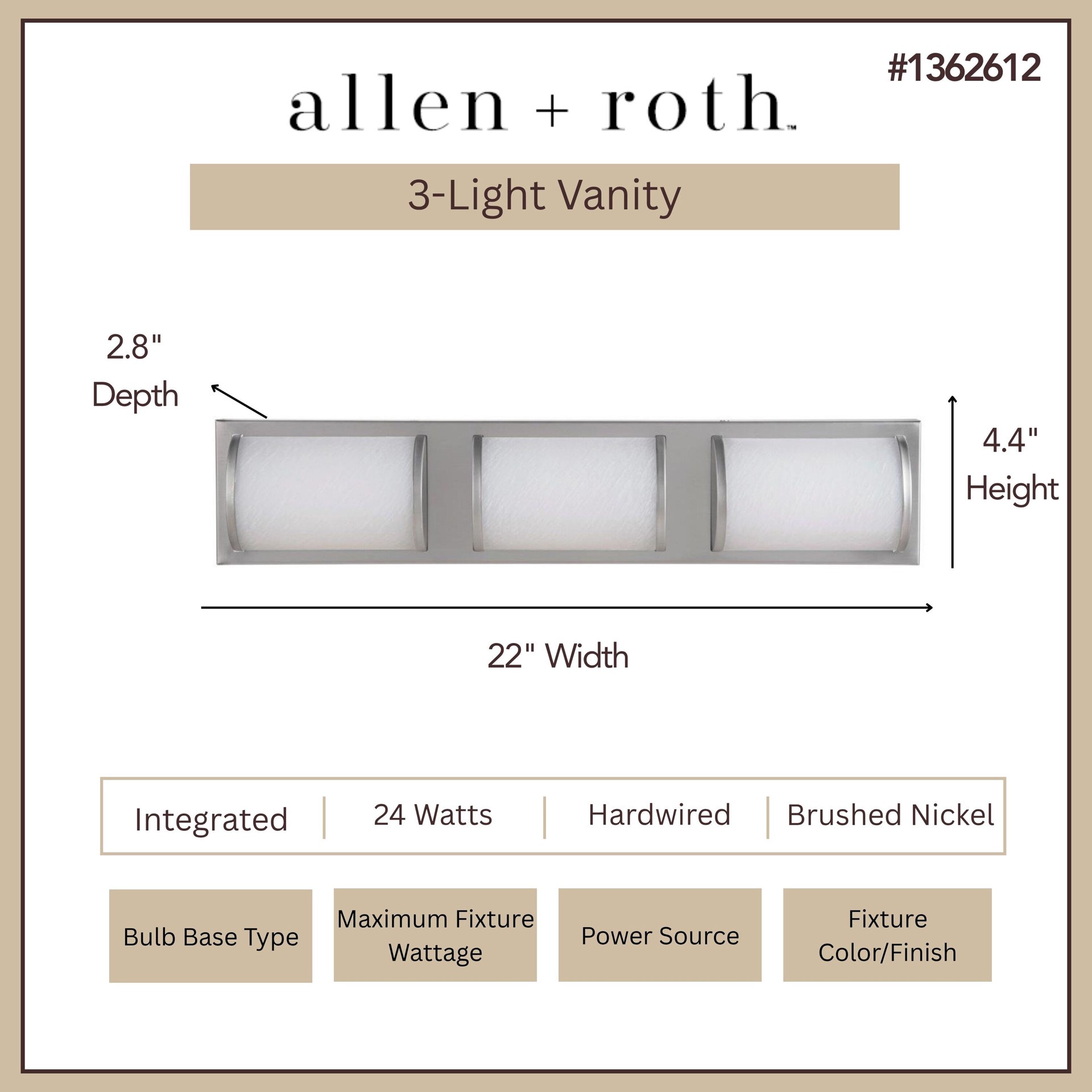 slide 4 of 6, allen + roth Kinsley 22-in 3 -Light Brushed Nickel Integrated LED Modern/contemporary Vanity light bar, 1 ct