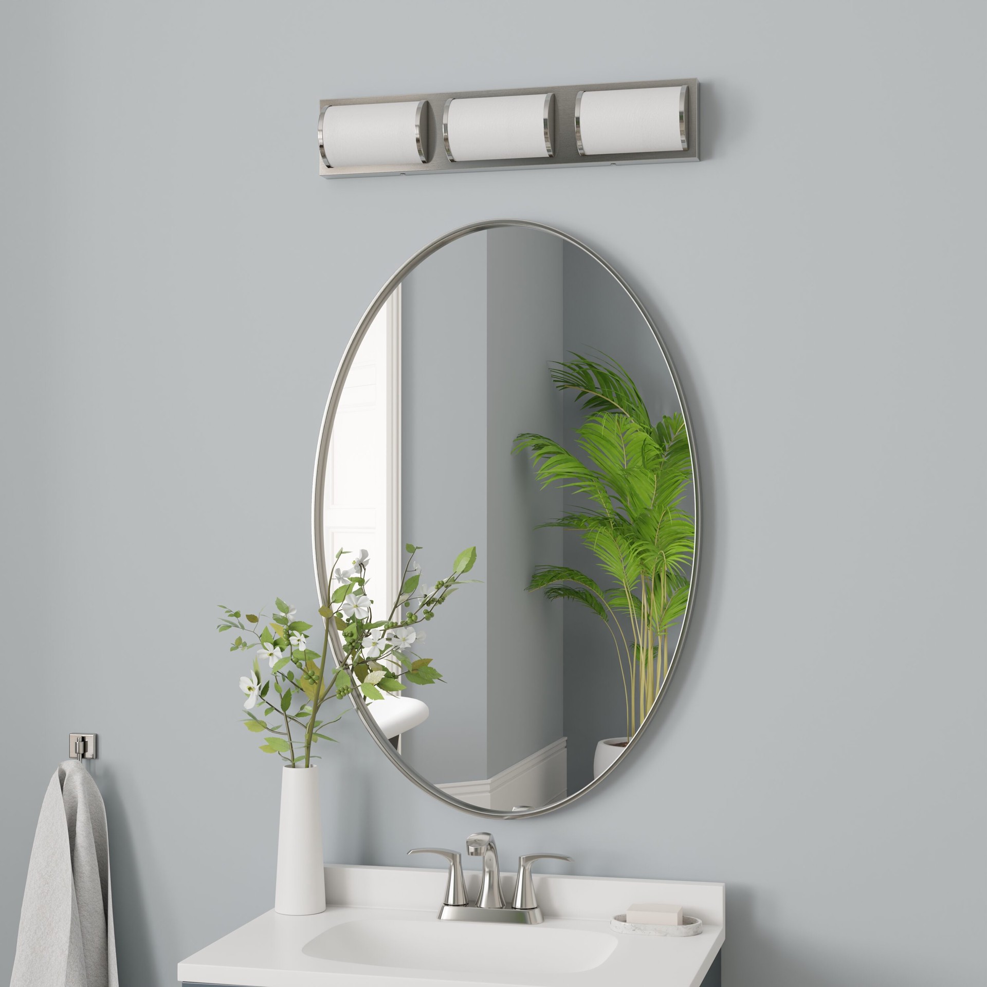 slide 5 of 6, allen + roth Kinsley 22-in 3 -Light Brushed Nickel Integrated LED Modern/contemporary Vanity light bar, 1 ct