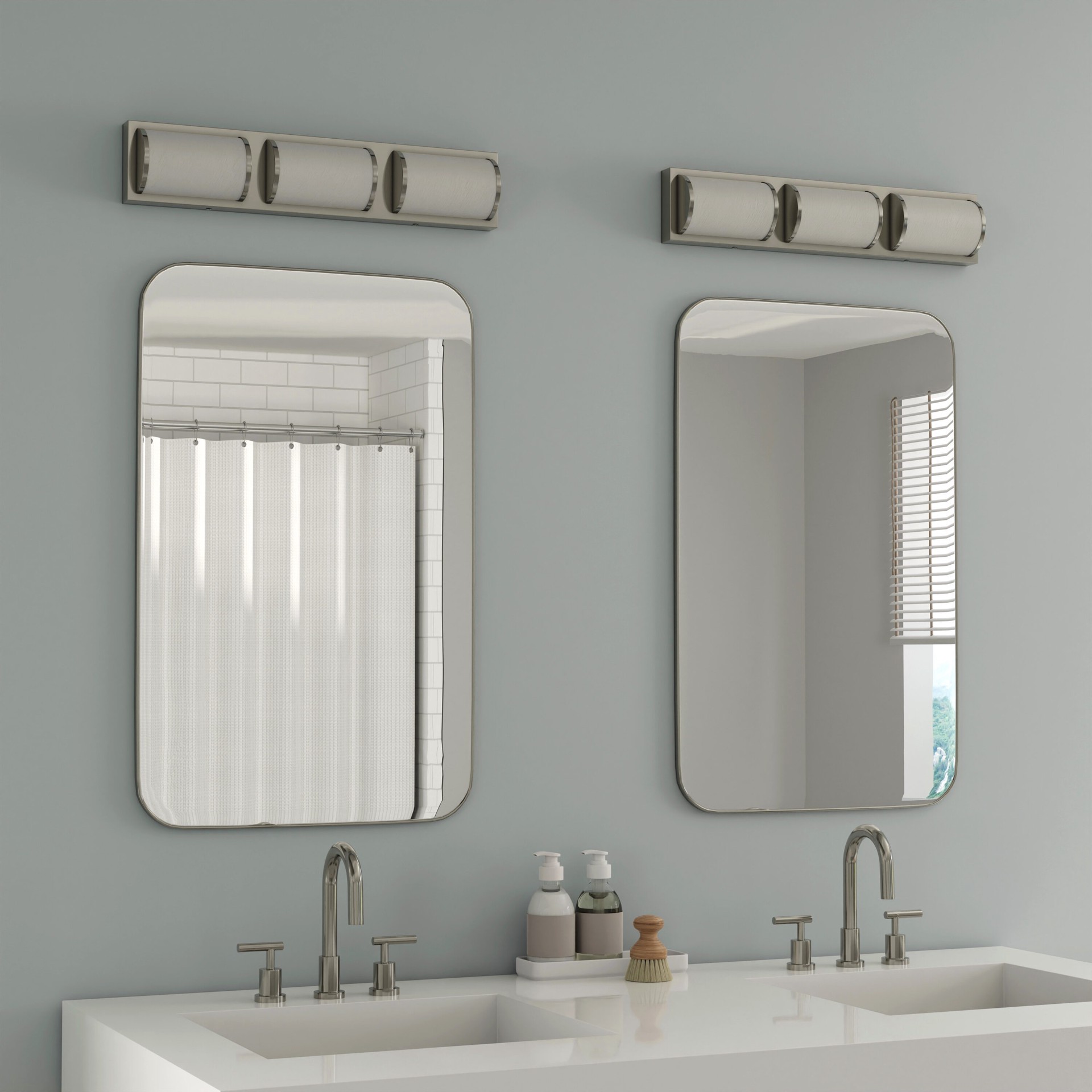 slide 6 of 6, allen + roth Kinsley 22-in 3 -Light Brushed Nickel Integrated LED Modern/contemporary Vanity light bar, 1 ct