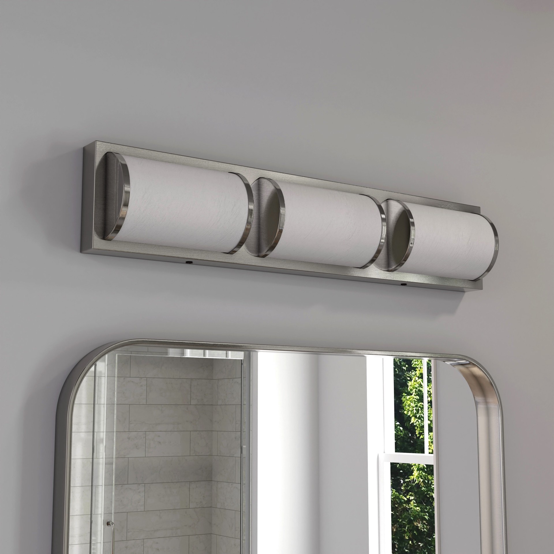 slide 1 of 6, allen + roth Kinsley 22-in 3 -Light Brushed Nickel Integrated LED Modern/contemporary Vanity light bar, 1 ct
