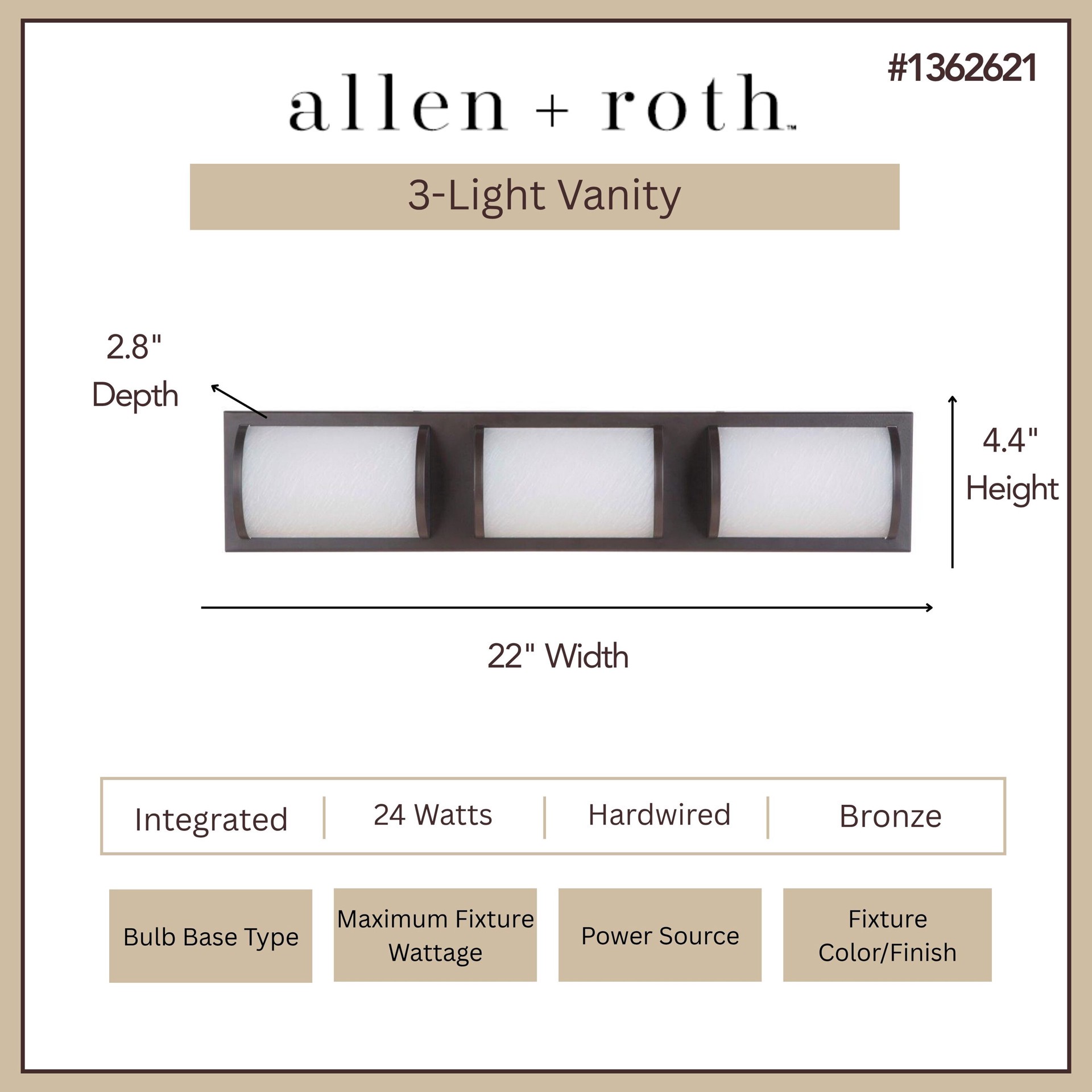 slide 4 of 6, allen + roth Kinsley 22-in 3 -Light Bronze Integrated LED Modern/contemporary Vanity light bar, 1 ct