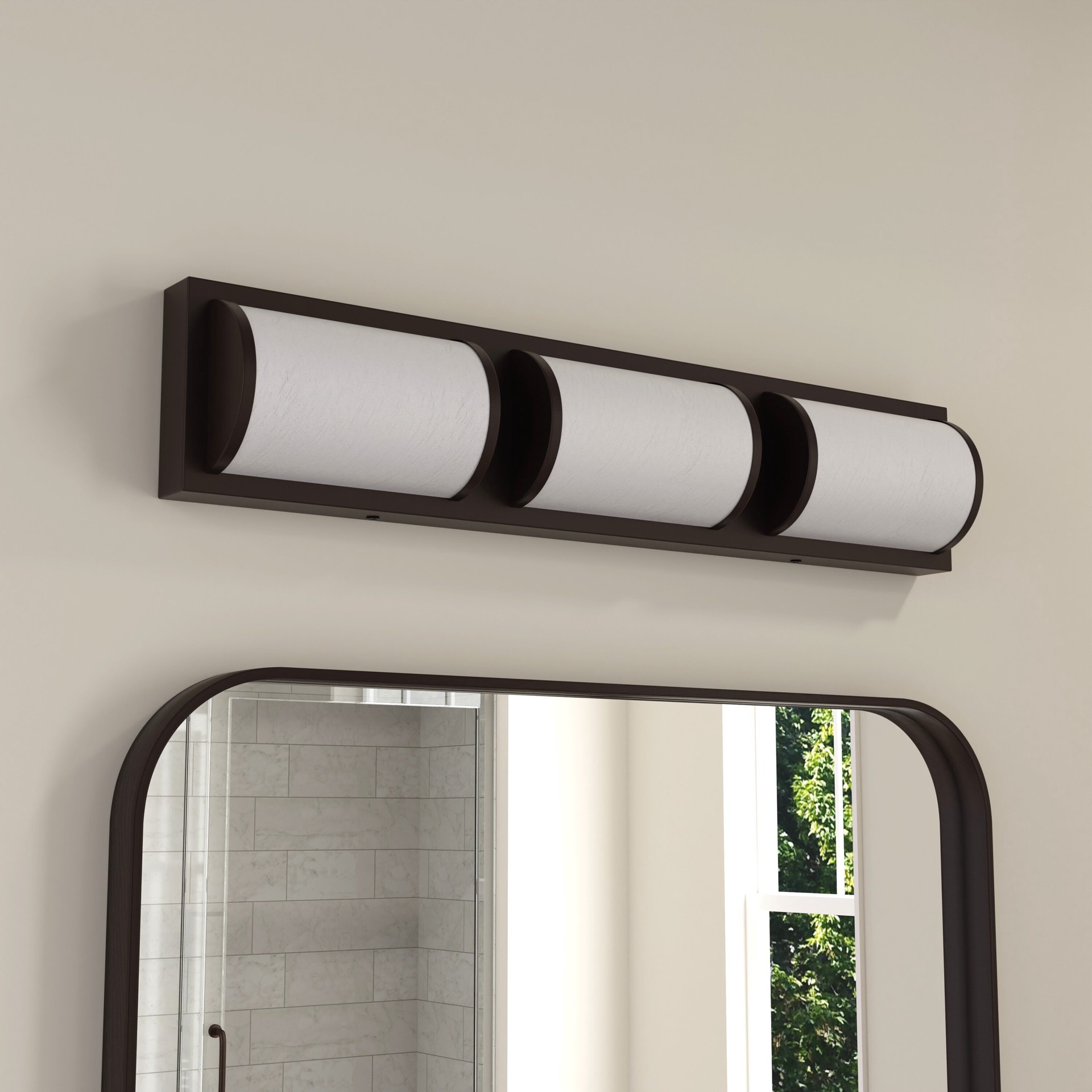 slide 1 of 6, allen + roth Kinsley 22-in 3 -Light Bronze Integrated LED Modern/contemporary Vanity light bar, 1 ct