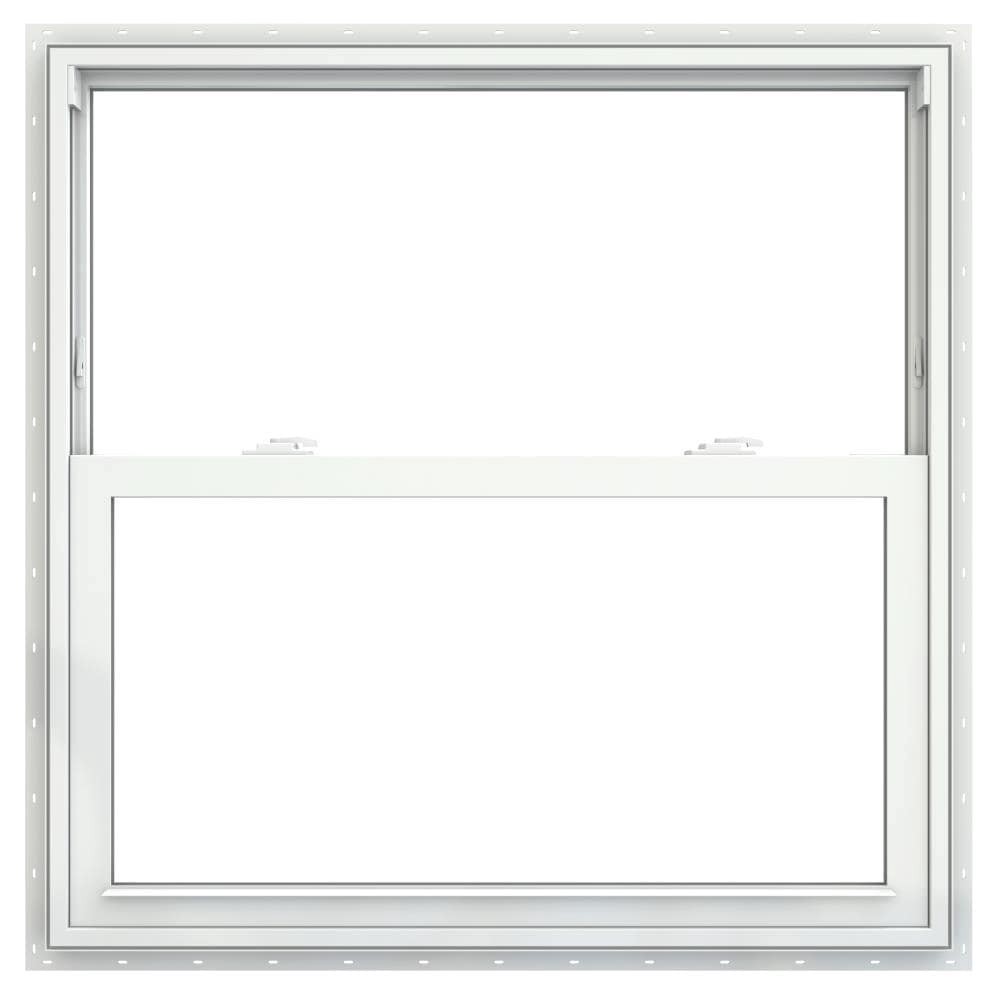 slide 3 of 6, JELD-WEN V-2500 35-1/2-in x 35-1/2-in White Exterior Vinyl New Construction Single Hung Window Low-E Double Pane Glass (Half Screen Included), 1 ct