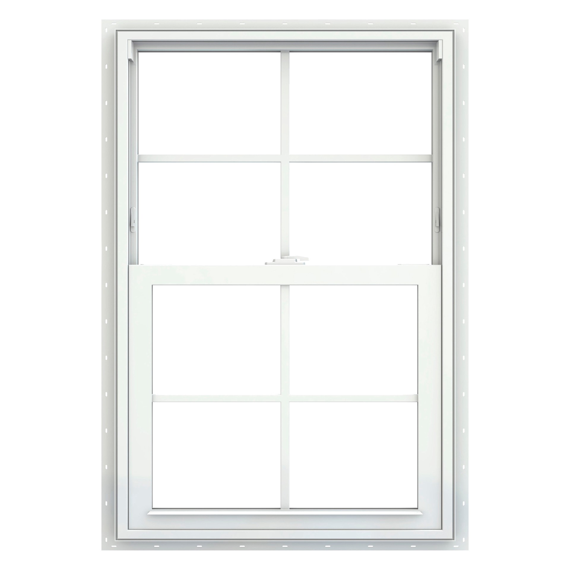 slide 3 of 6, JELD-WEN V-2500 23-1/2-in x 35-1/2-in White Exterior Vinyl New Construction Single Hung Window Low-E Double Pane Glass with Grids, (Half Screen Included), 1 ct