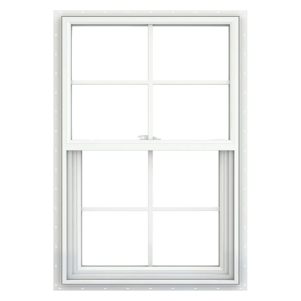 slide 1 of 6, JELD-WEN V-2500 23-1/2-in x 35-1/2-in White Exterior Vinyl New Construction Single Hung Window Low-E Double Pane Glass with Grids, (Half Screen Included), 1 ct