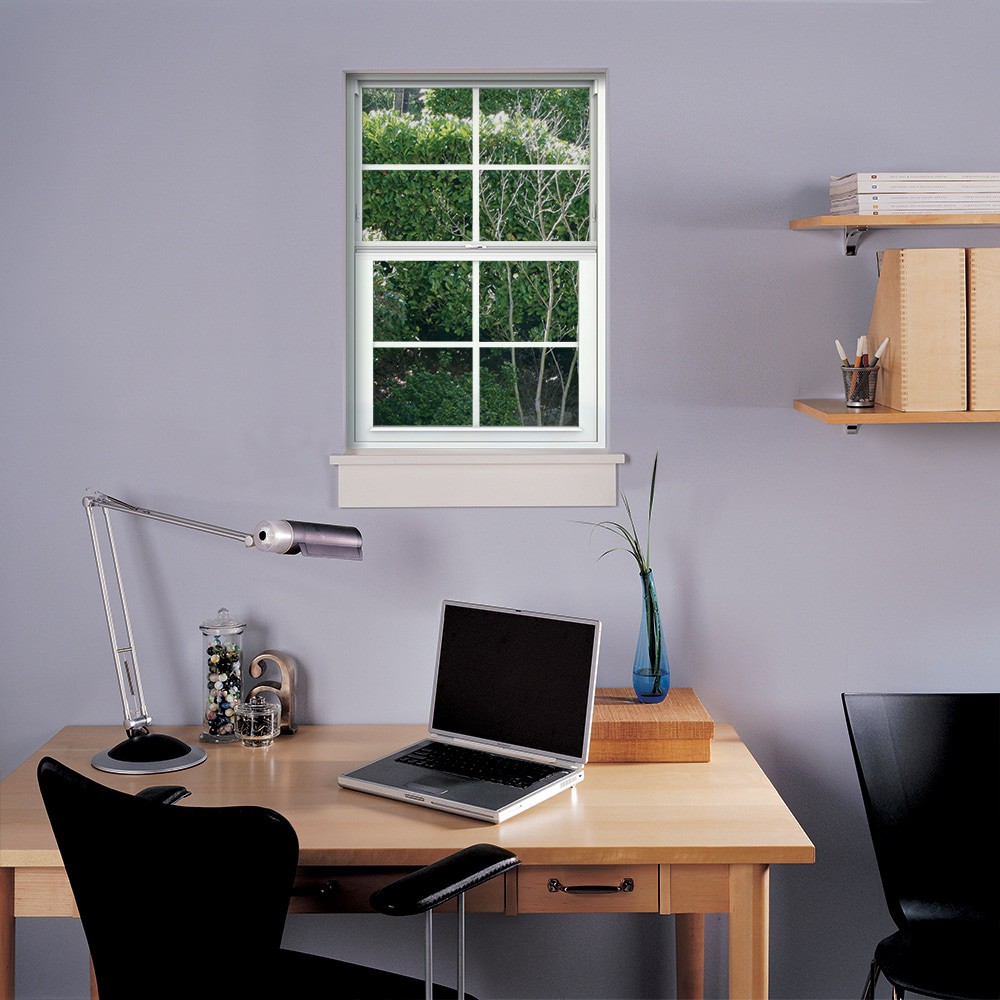 slide 4 of 6, JELD-WEN V-2500 23-1/2-in x 35-1/2-in White Exterior Vinyl New Construction Single Hung Window Low-E Double Pane Glass with Grids, (Half Screen Included), 1 ct