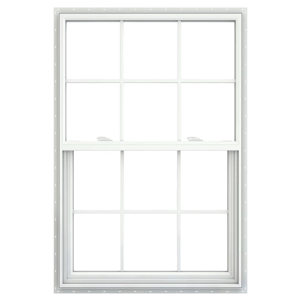 slide 1 of 6, JELD-WEN V-2500 35-1/2-in x 47-1/2-in White Exterior Vinyl New Construction Single Hung Window Low-E Double Pane Glass with Grids, (Half Screen Included), 1 ct