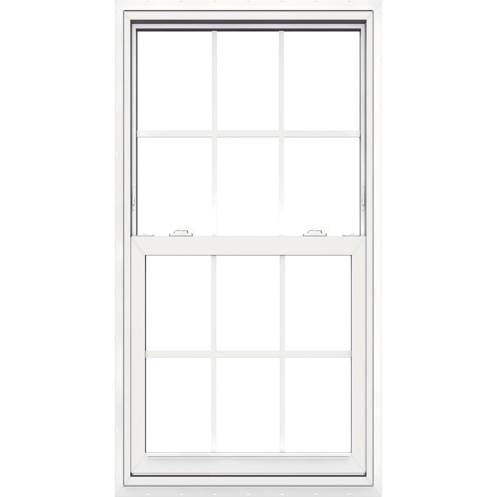 slide 3 of 6, JELD-WEN V-2500 31-1/2-in x 59-1/2-in White Exterior Vinyl New Construction Single Hung Window Low-E Double Pane Glass with Grids, (Half Screen Included), 1 ct