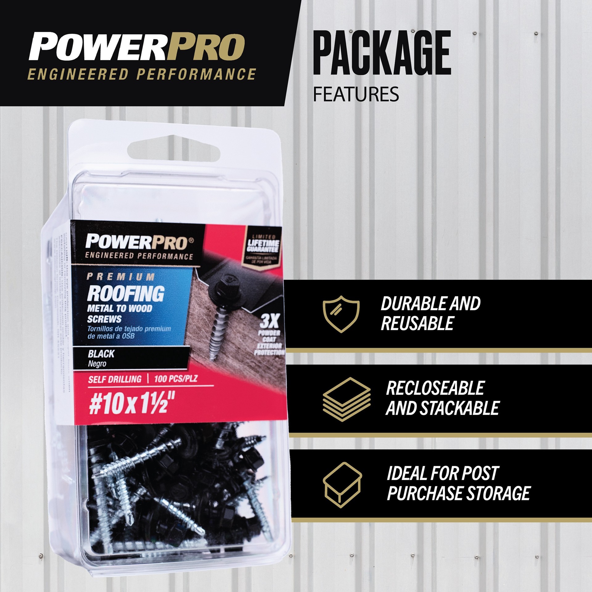 slide 5 of 6, Power Pro #10 x 1-1/2-in Black Powder coating Self-drilling Roofing Screws 100 -Count, 1 ct