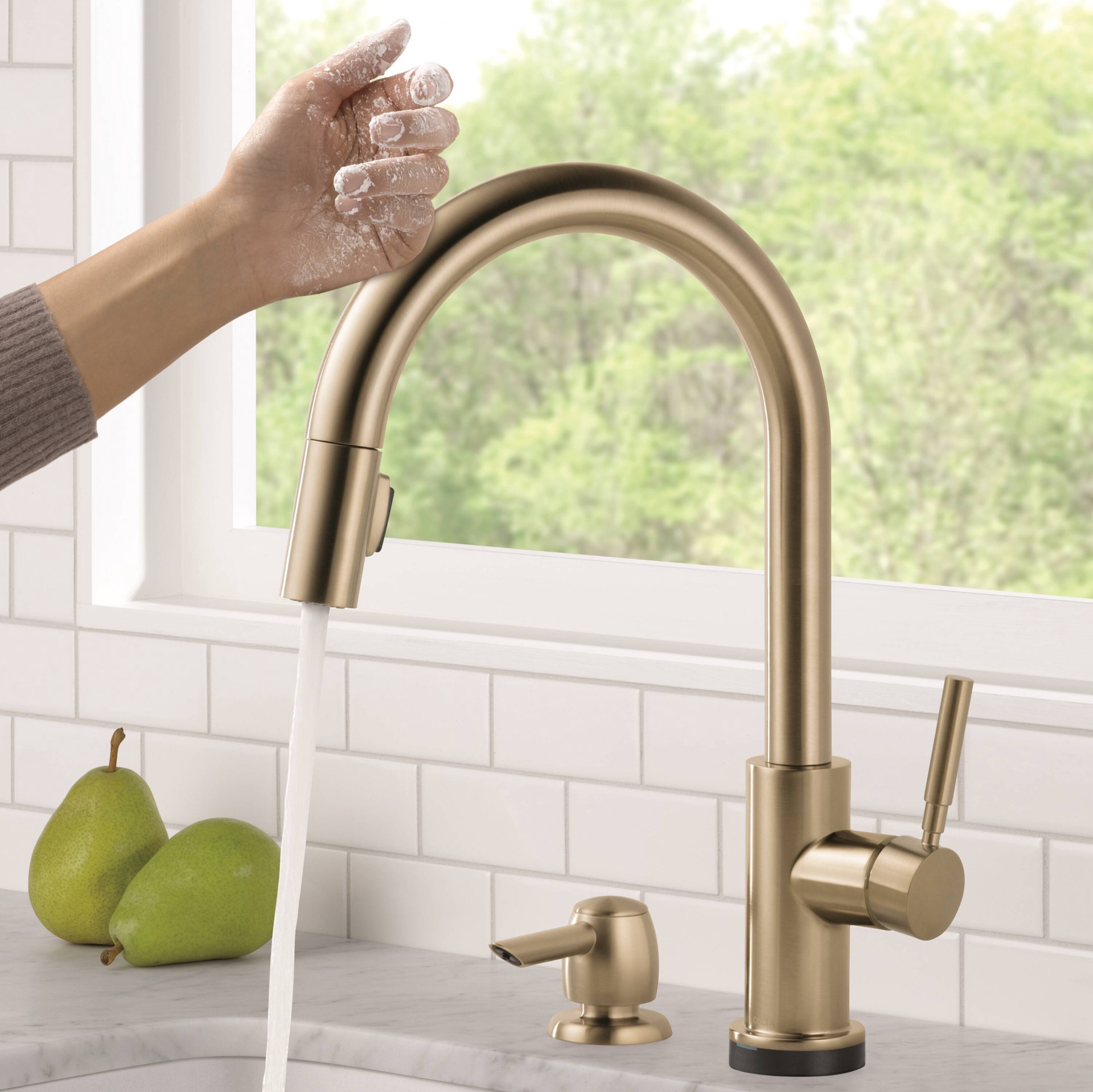 slide 1 of 6, Delta Trask Touch2O Gold Champagne Bronze Single Handle Deck-mount Touch-on Pull-down Kitchen Faucet with Sprayer (Includes Deck Plate) (Includes Soap Dispenser), 1 ct