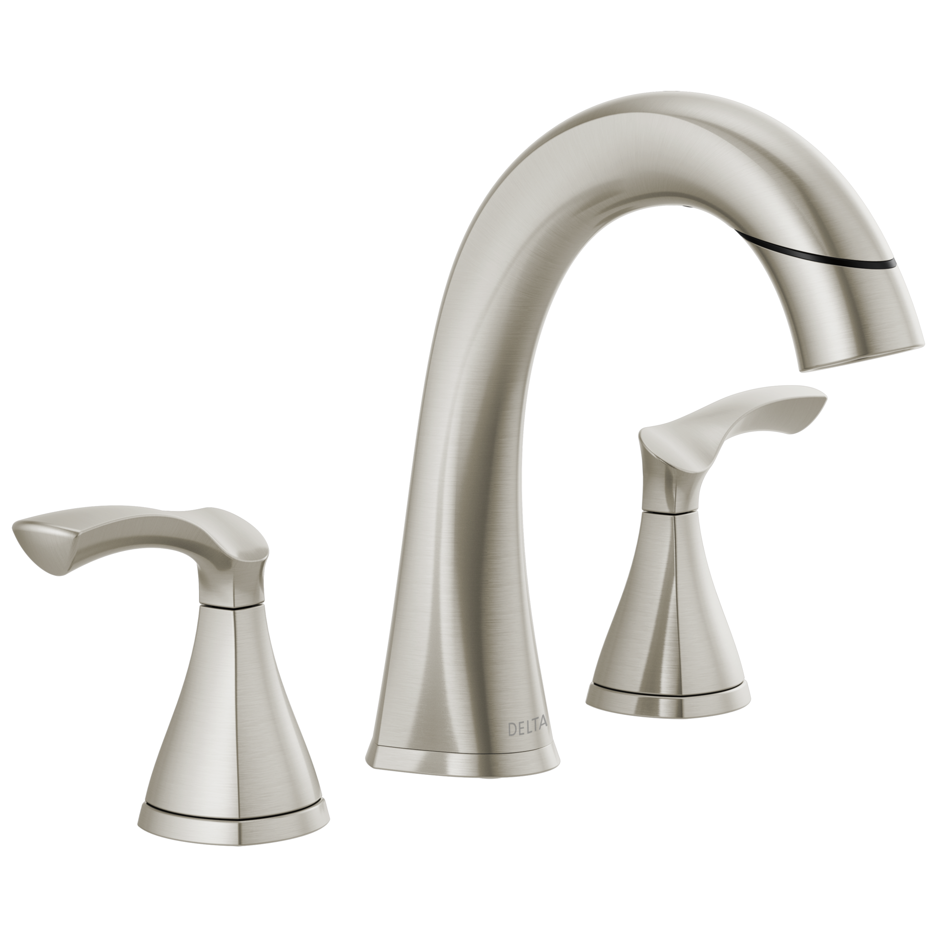 slide 2 of 6, Delta Sandover Pulldown Spotshield Brushed Nickel Widespread 2-handle WaterSense Mid-arc Residential Handle Pull-down Bathroom Sink Faucet with Drain, 1 ct