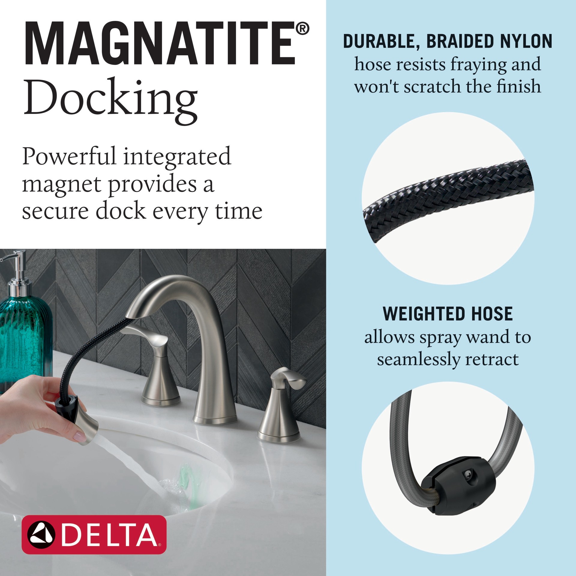 slide 4 of 6, Delta Sandover Pulldown Spotshield Brushed Nickel Widespread 2-handle WaterSense Mid-arc Residential Handle Pull-down Bathroom Sink Faucet with Drain, 1 ct