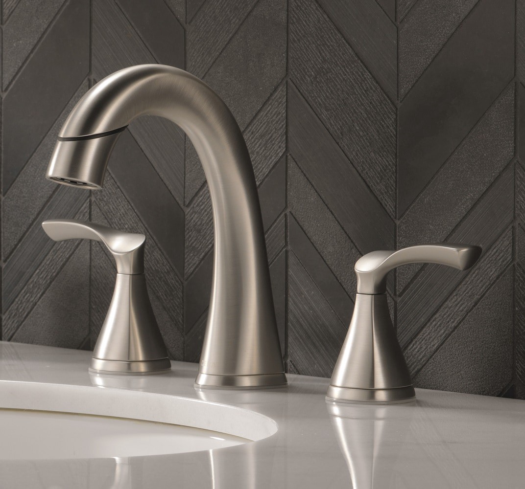 slide 1 of 6, Delta Sandover Pulldown Spotshield Brushed Nickel Widespread 2-handle WaterSense Mid-arc Residential Handle Pull-down Bathroom Sink Faucet with Drain, 1 ct