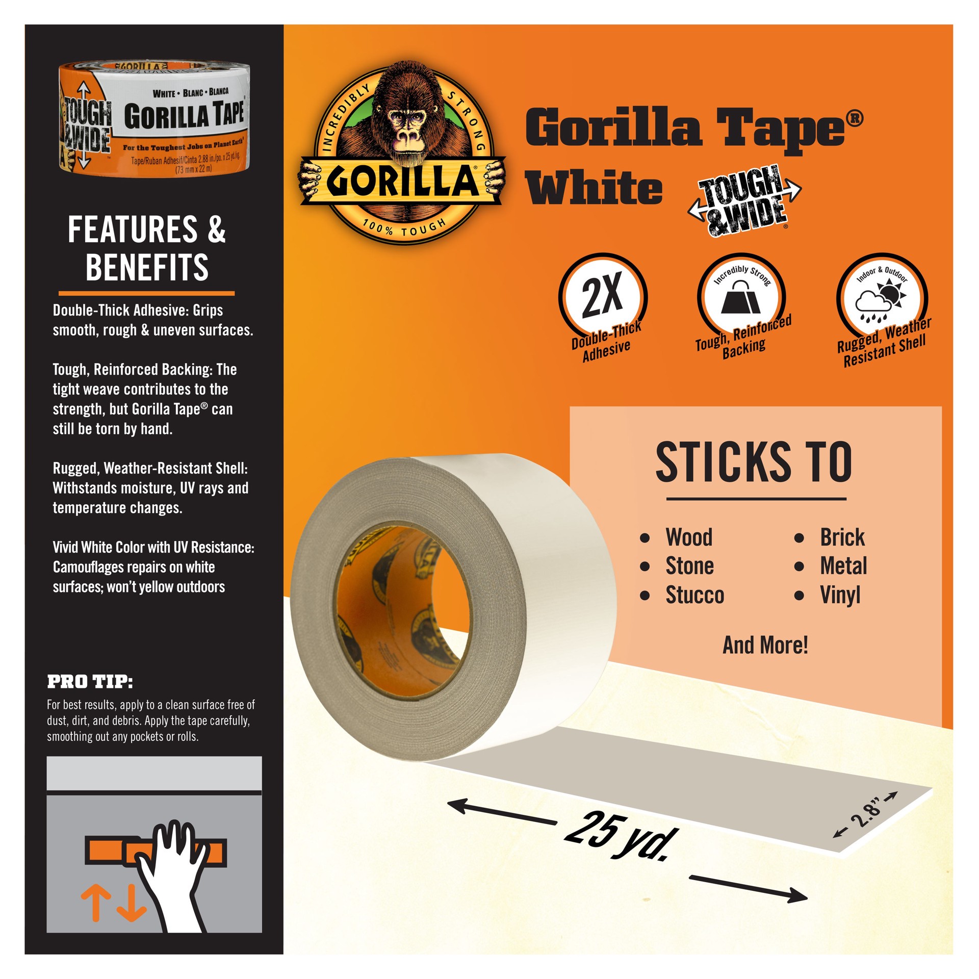 slide 4 of 6, Gorilla Tough Wide White Duct Tape 2.88-in x 25 Yard(s), 1 ct