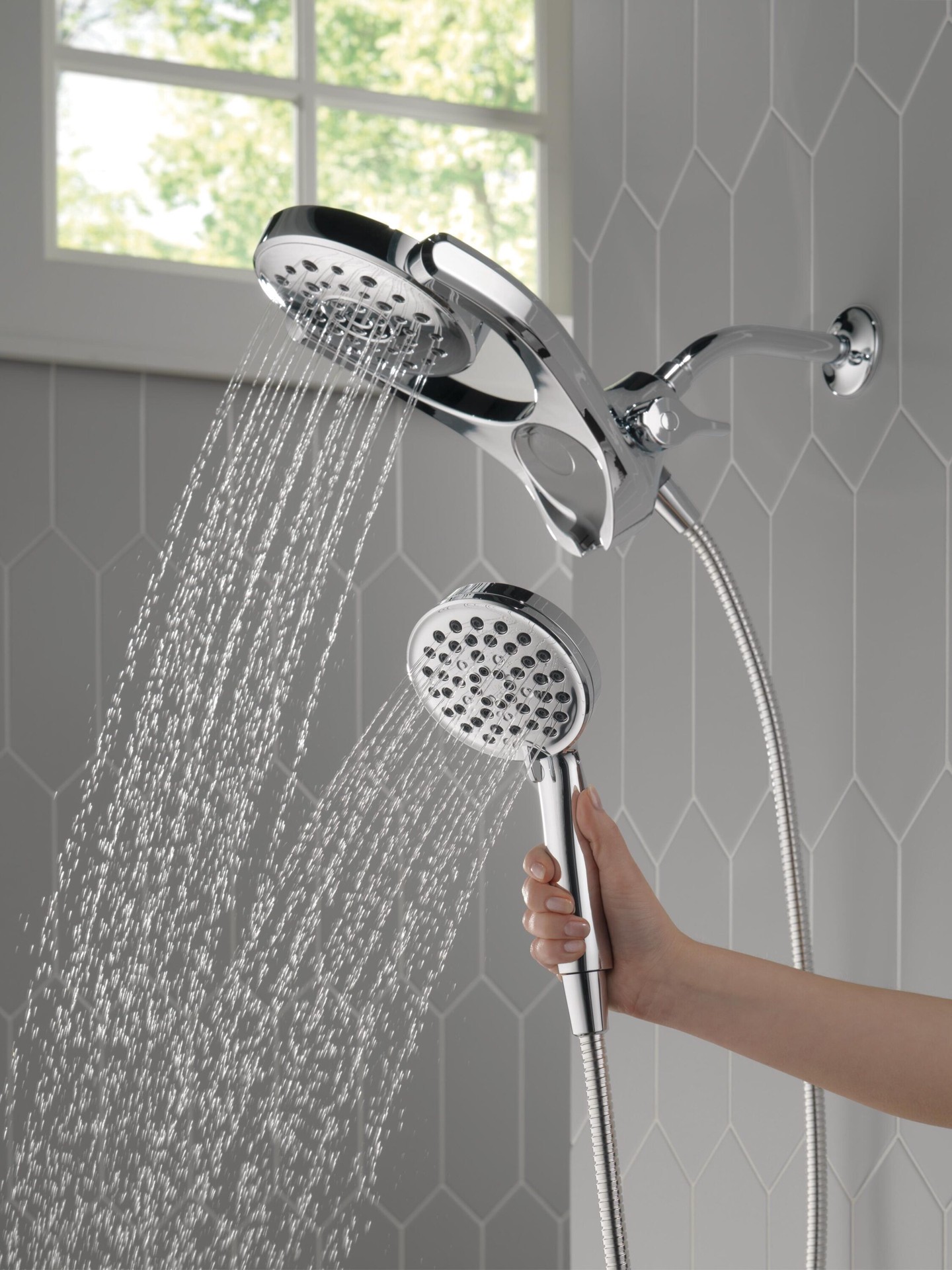 slide 2 of 6, Delta HydroRain 4.0 -Spray Chrome 6-in Round Rain Shower Head with Handheld Combo 2.5 GPM, 1 ct
