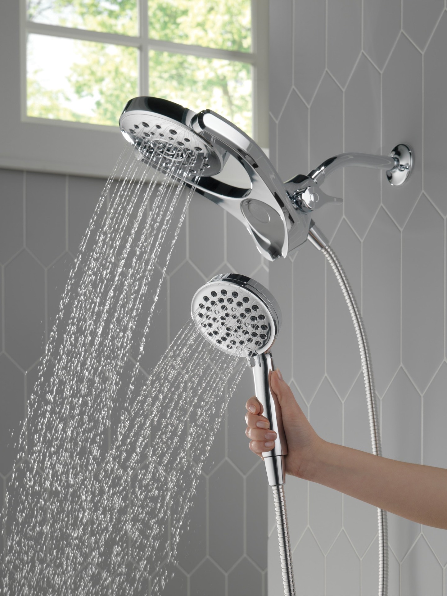 slide 2 of 6, Delta HydroRain 4 -Spray Chrome 6-in Round Rain Shower Head with Handheld Combo 1.75 GPM, 1 ct