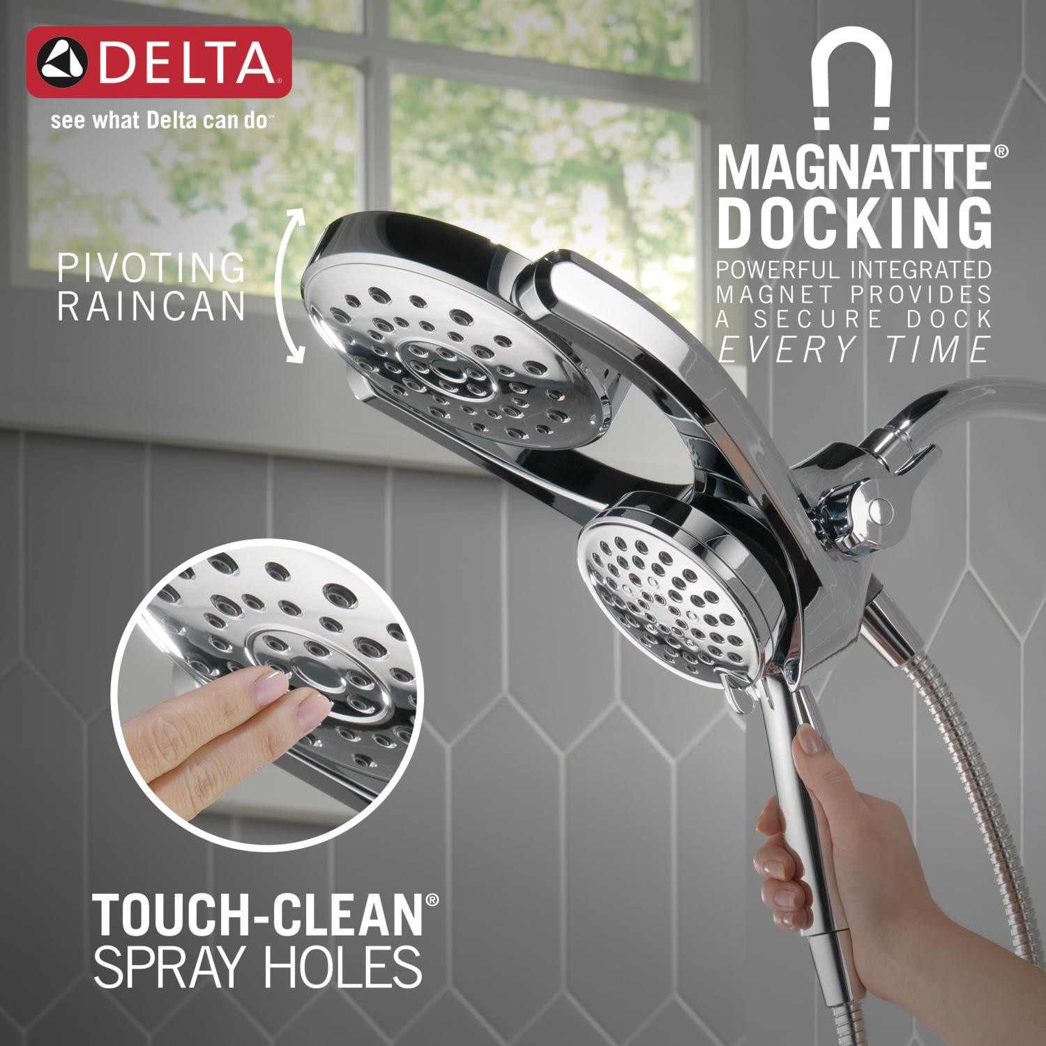 slide 4 of 6, Delta HydroRain 4 -Spray Chrome 6-in Round Rain Shower Head with Handheld Combo 1.75 GPM, 1 ct
