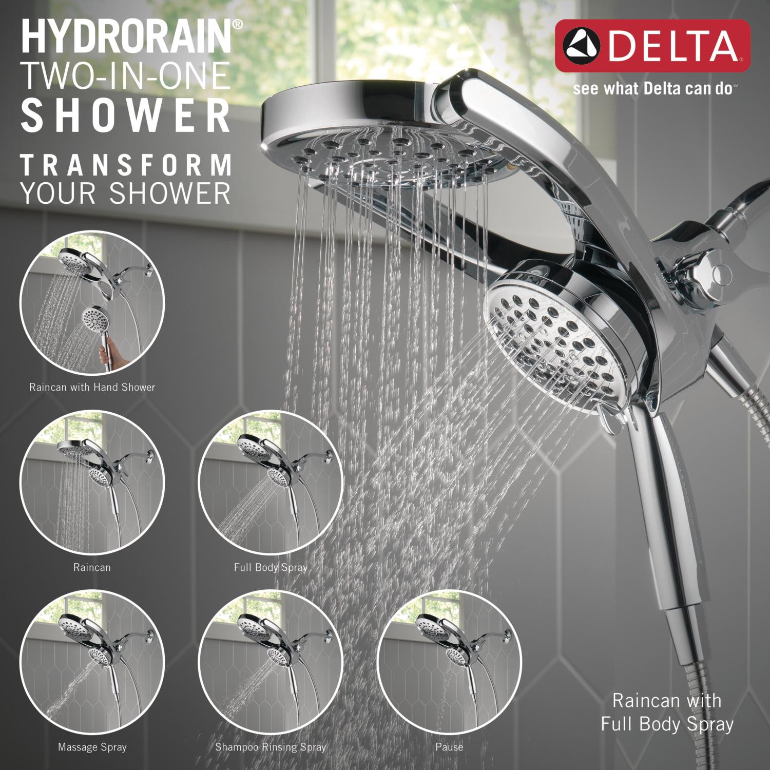 slide 5 of 6, Delta HydroRain 4 -Spray Chrome 6-in Round Rain Shower Head with Handheld Combo 1.75 GPM, 1 ct