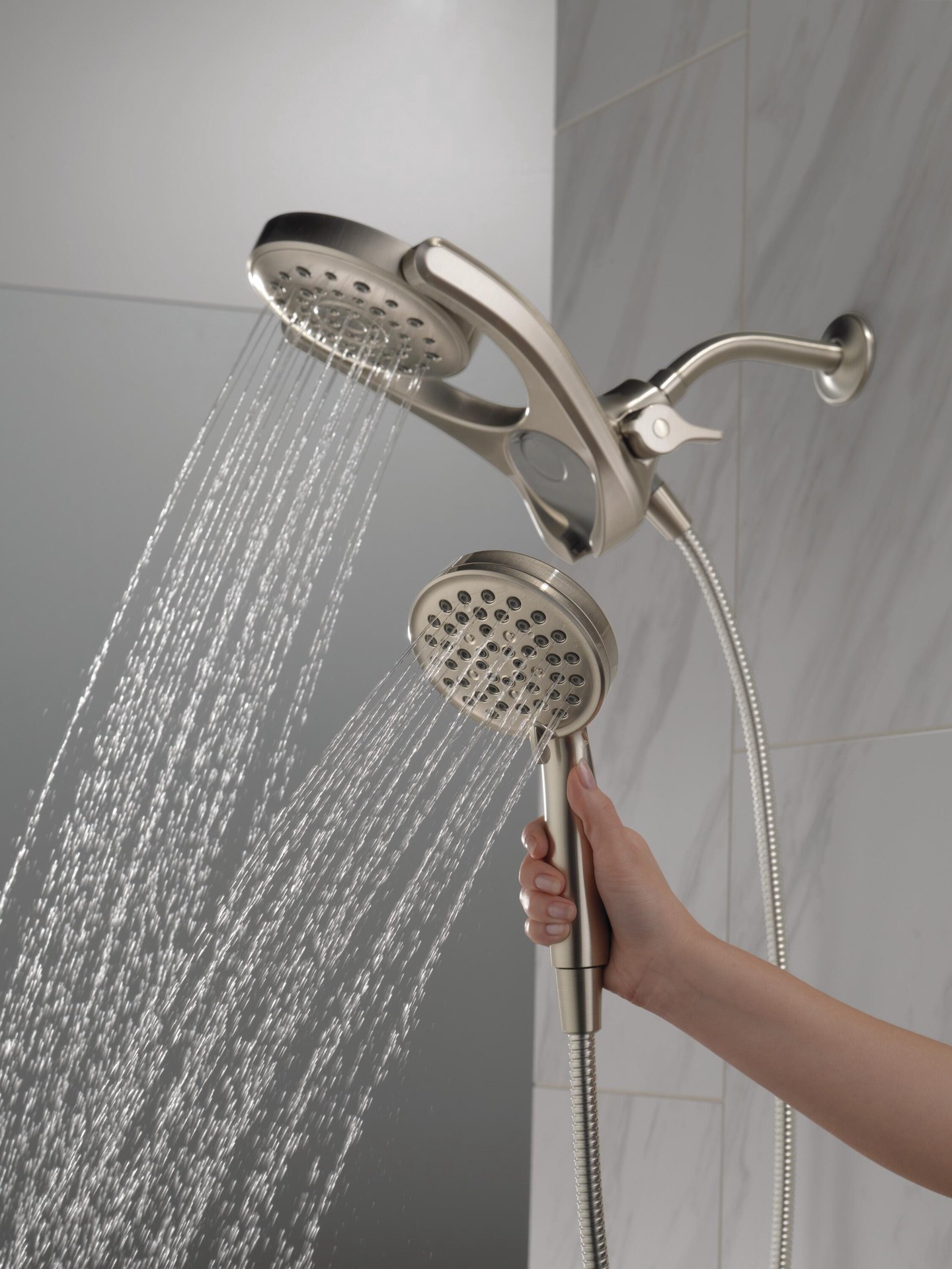 slide 2 of 6, Delta HydroRain 4.0 -Spray Spotshield Brushed Nickel 6-in Round Rain Shower Head with Handheld Combo 2.5 GPM, 1 ct