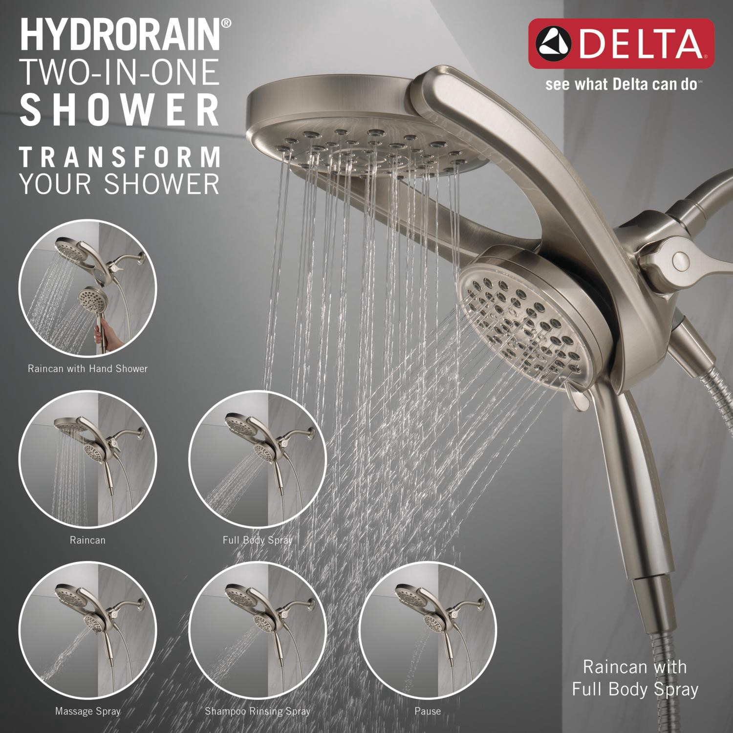slide 5 of 6, Delta HydroRain 4.0 -Spray Spotshield Brushed Nickel 6-in Round Rain Shower Head with Handheld Combo 2.5 GPM, 1 ct