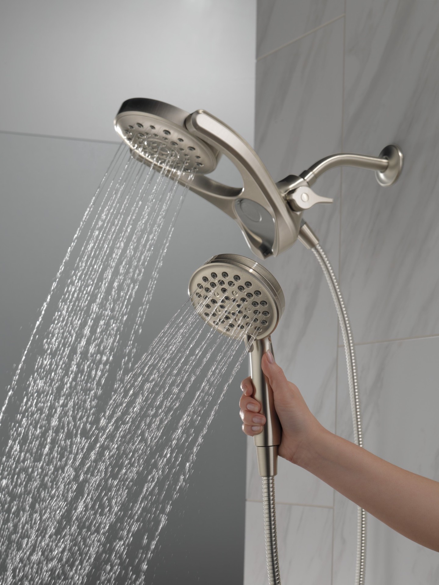 slide 2 of 6, Delta HydroRain 4.0 -Spray Spotshield Brushed Nickel 6-in Round Rain Shower Head with Handheld Combo 1.75 GPM, 1 ct