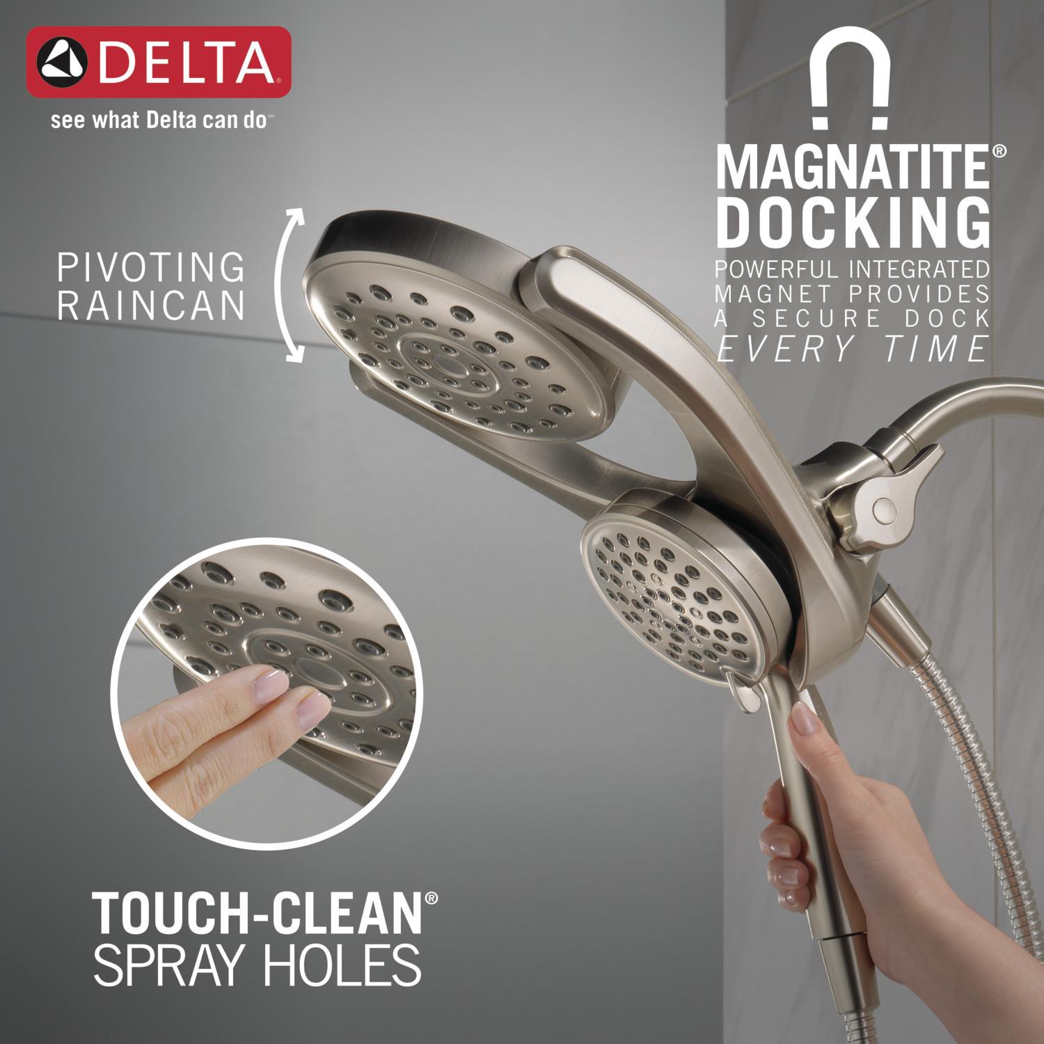 slide 4 of 6, Delta HydroRain 4.0 -Spray Spotshield Brushed Nickel 6-in Round Rain Shower Head with Handheld Combo 1.75 GPM, 1 ct