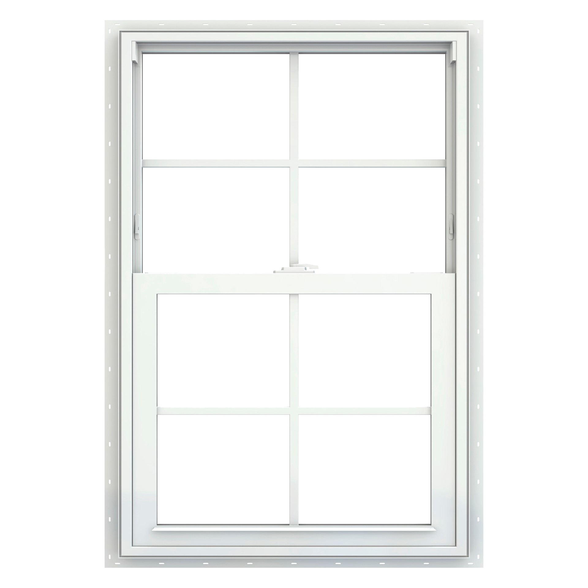 slide 2 of 6, JELD-WEN V-2500 23-1/2-in x 35-1/2-in White Exterior Vinyl New Construction Single Hung Window Low-E Double Pane Glass with Grids, (Half Screen Included), 1 ct