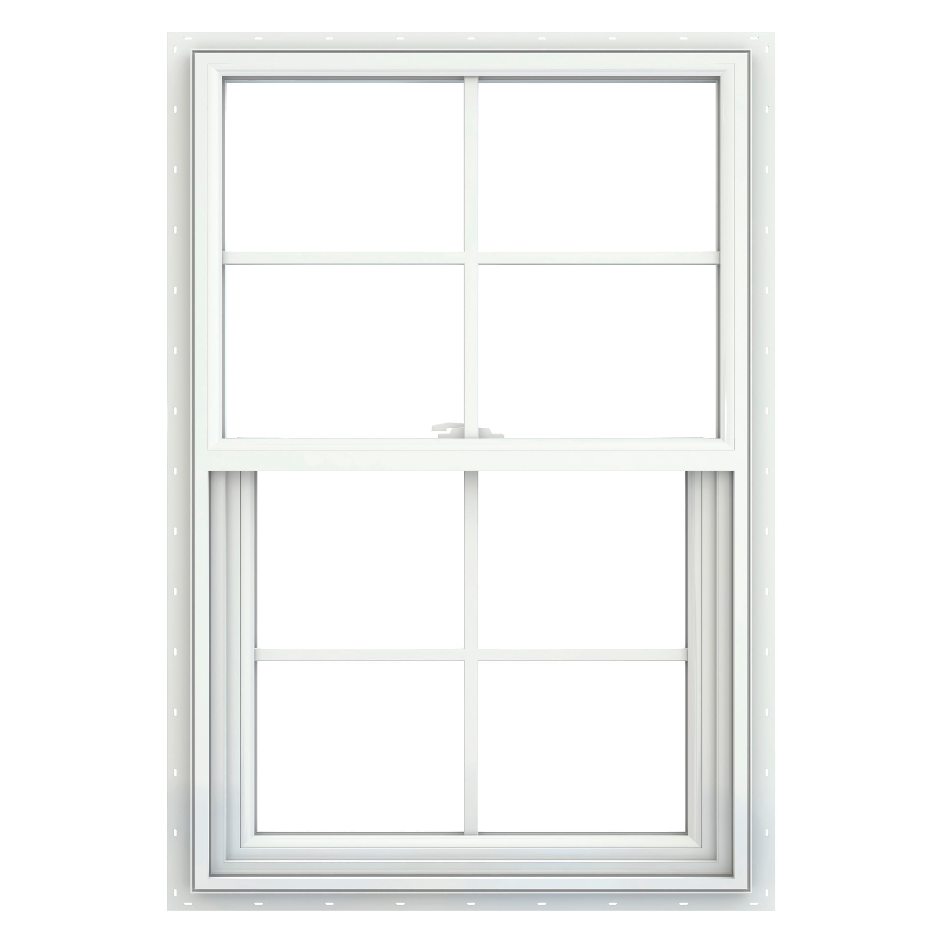 slide 1 of 6, JELD-WEN V-2500 23-1/2-in x 35-1/2-in White Exterior Vinyl New Construction Single Hung Window Low-E Double Pane Glass with Grids, (Half Screen Included), 1 ct