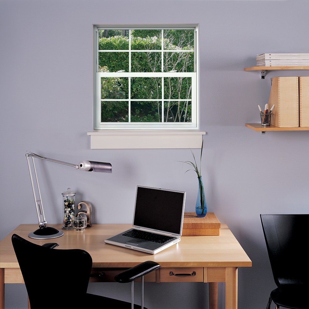 slide 4 of 6, JELD-WEN V-2500 35-1/2-in x 35-1/2-in White Exterior Vinyl New Construction Single Hung Window Low-E Double Pane Glass with Grids, (Half Screen Included), 1 ct