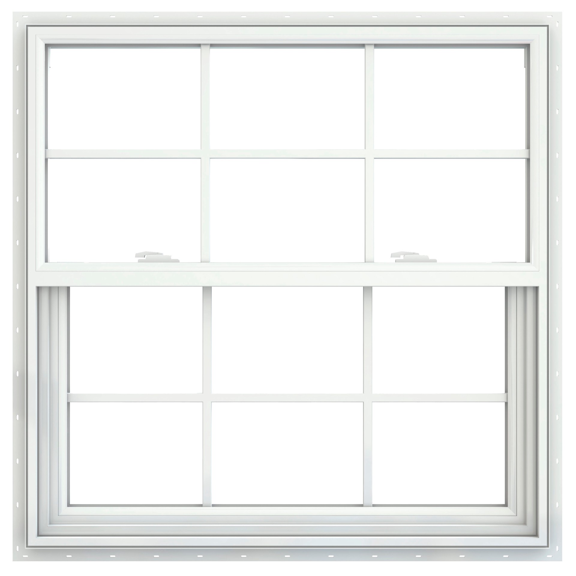 slide 1 of 6, JELD-WEN V-2500 35-1/2-in x 35-1/2-in White Exterior Vinyl New Construction Single Hung Window Low-E Double Pane Glass with Grids, (Half Screen Included), 1 ct